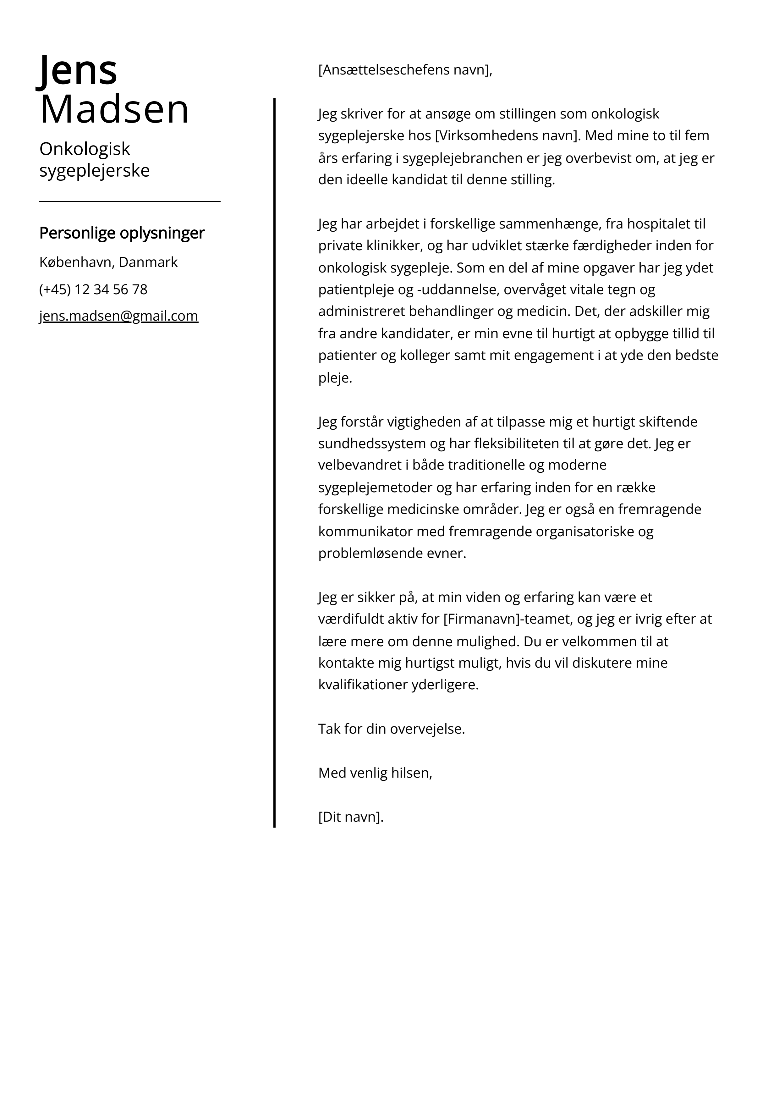 Onkologisk sygeplejerske Cover Letter Example