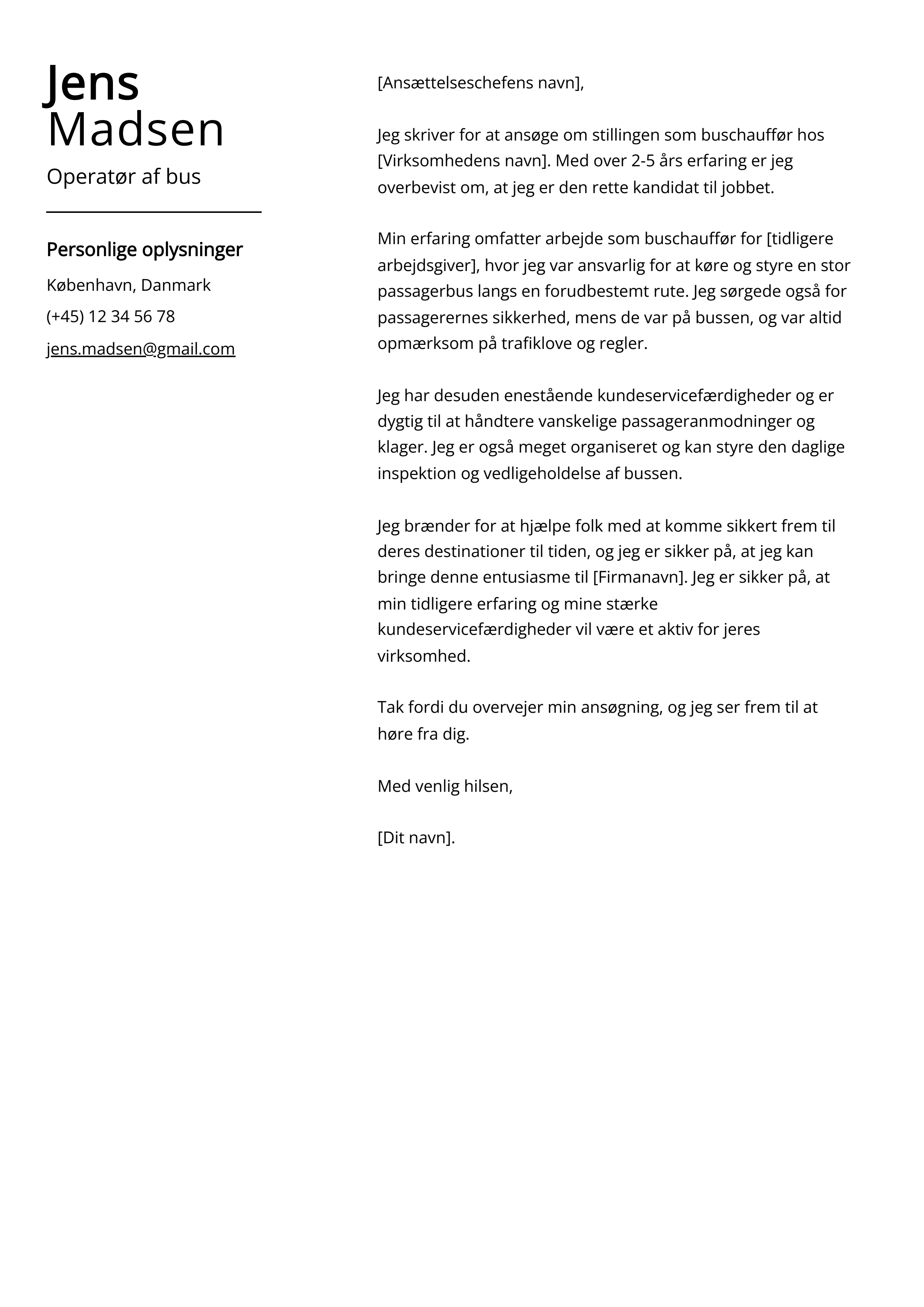 Operatør af bus Cover Letter Example