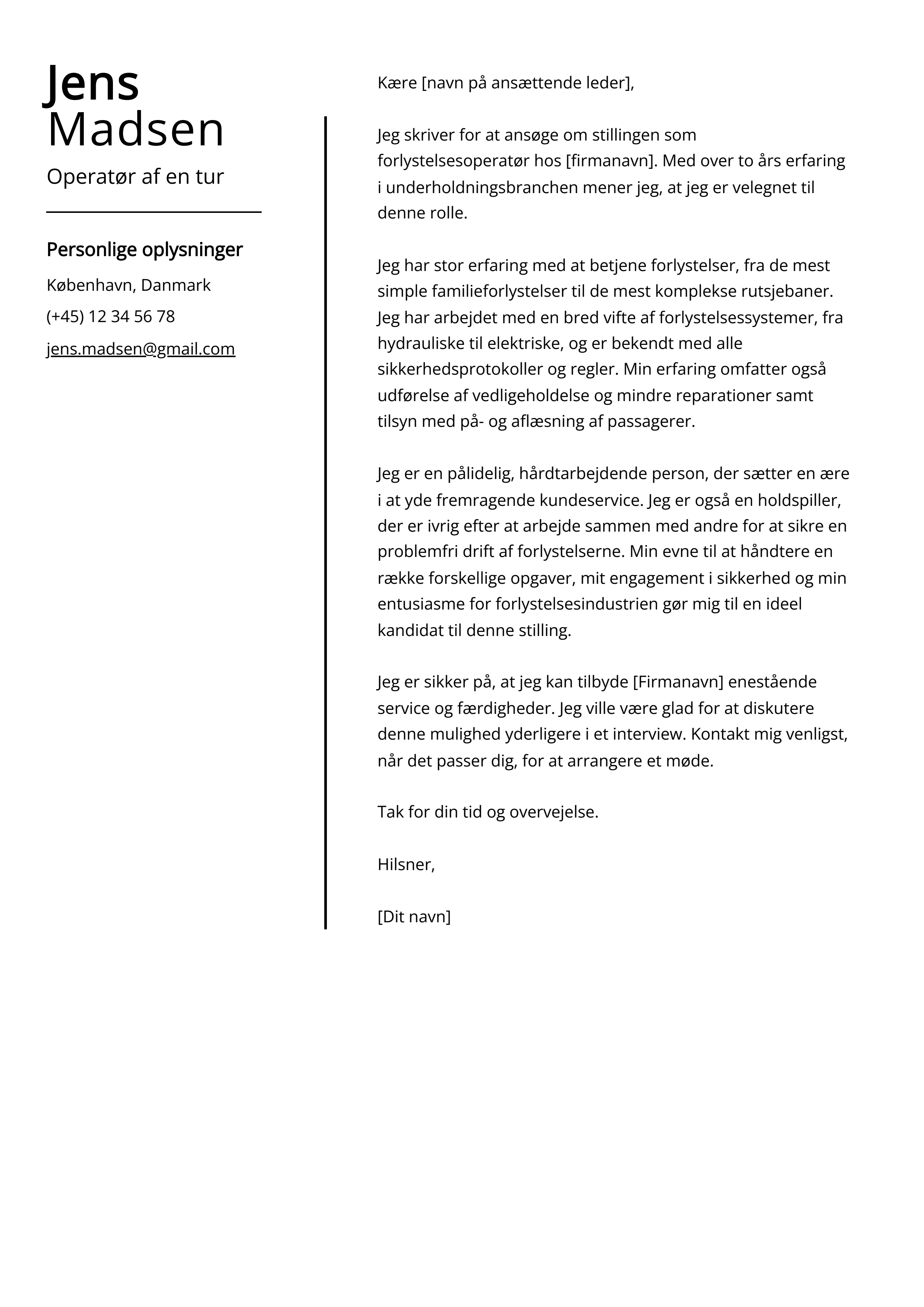 Operatør af en tur Cover Letter Example