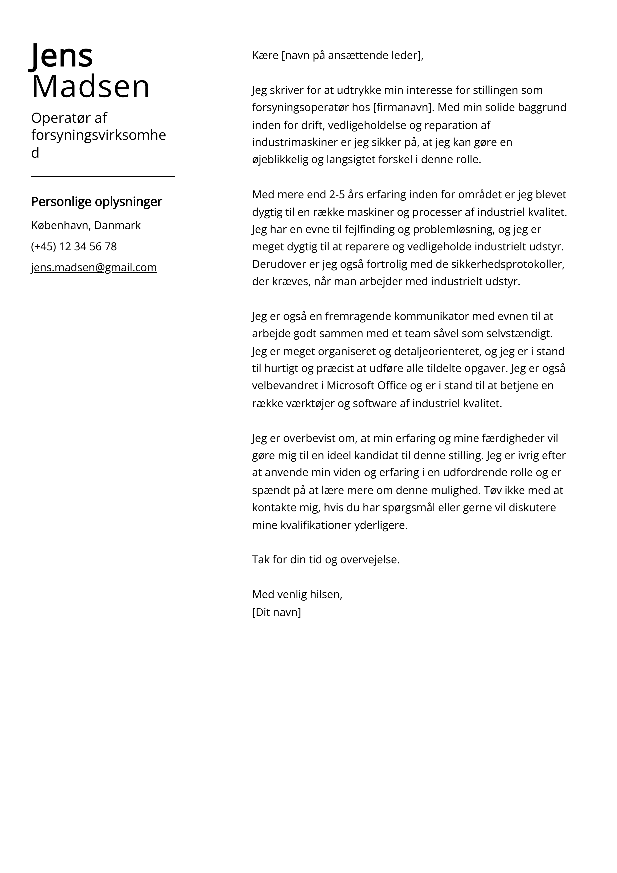 Operatør af forsyningsvirksomhed Cover Letter Example