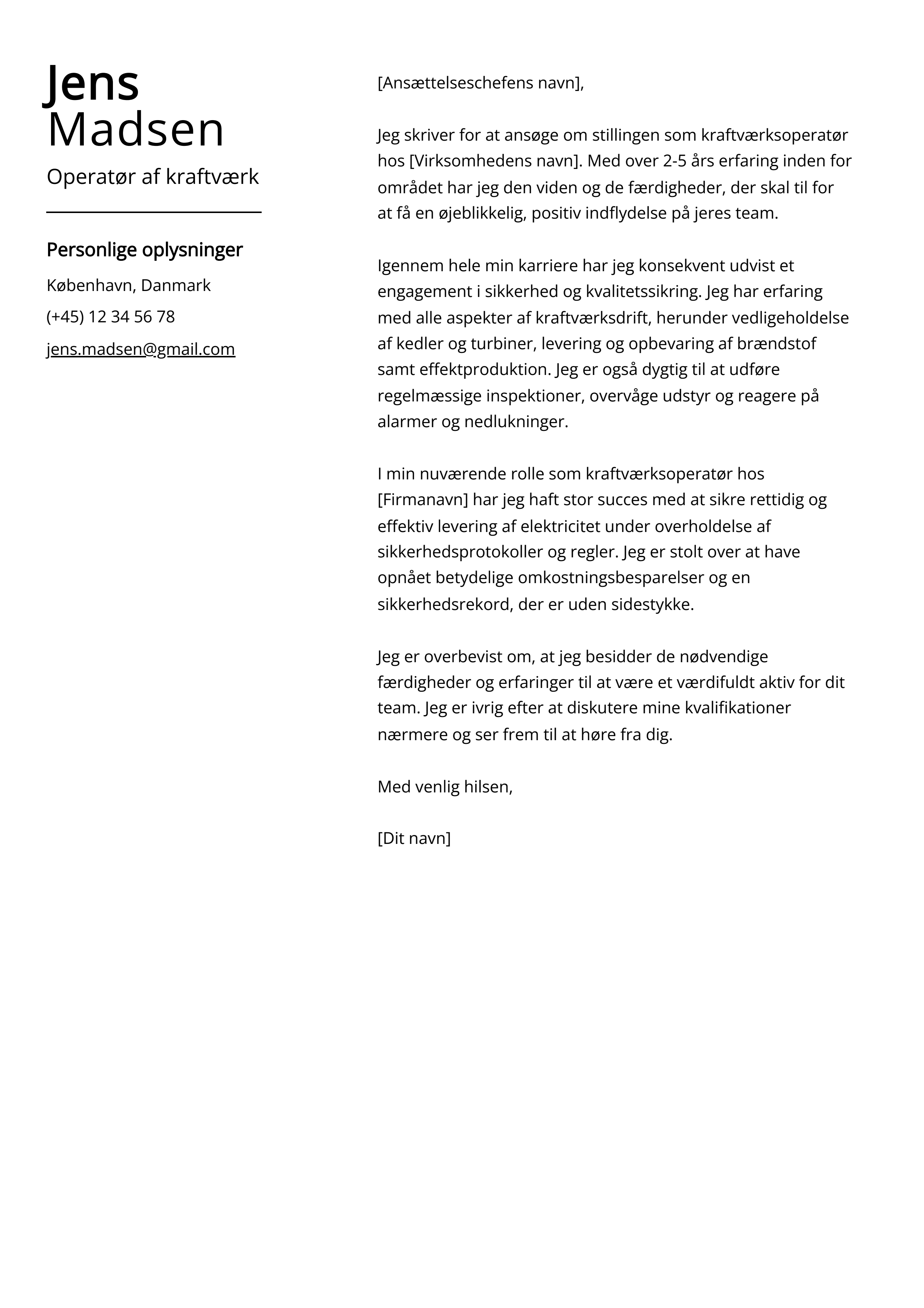 Operatør af kraftværk Cover Letter Example