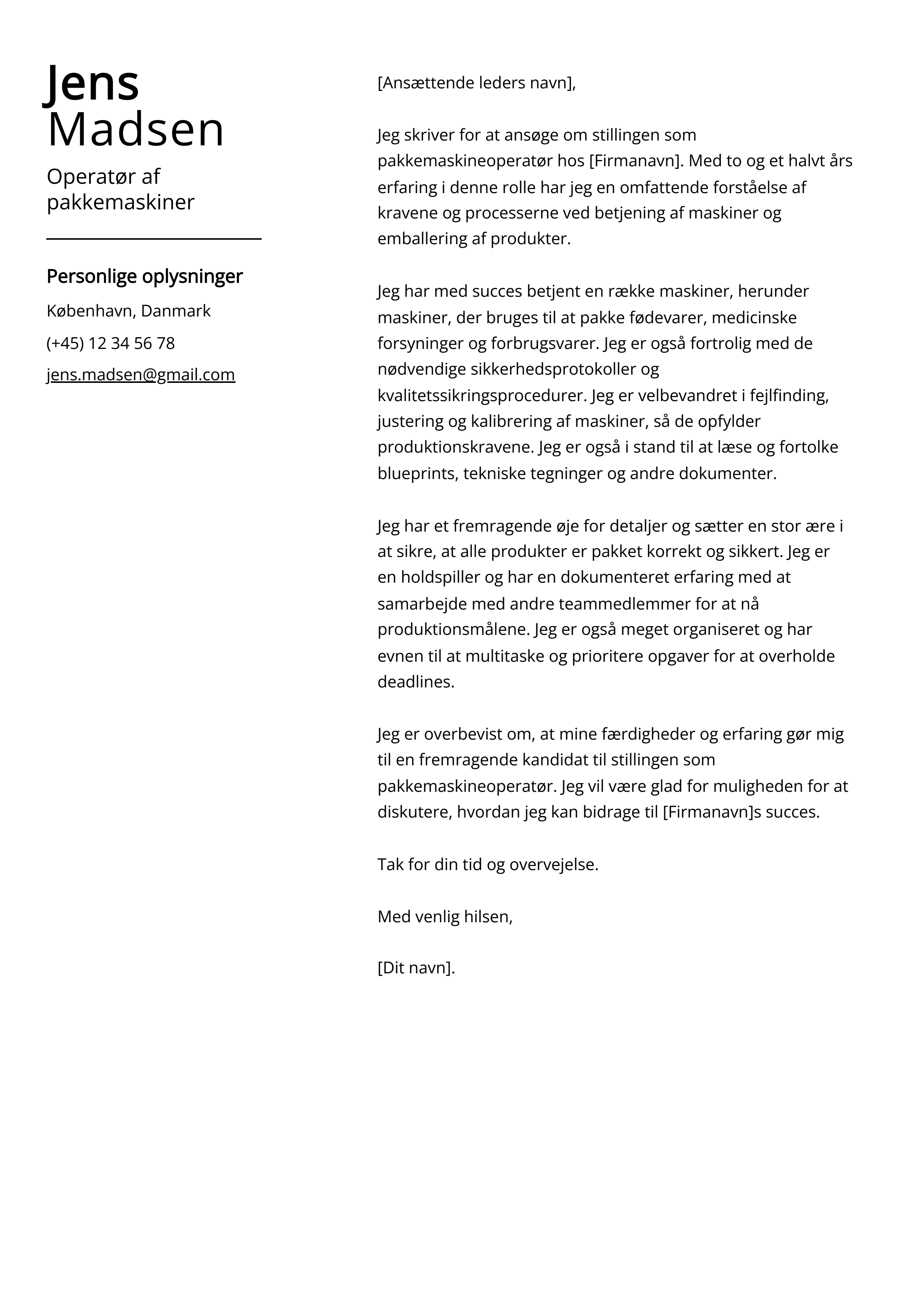 Operatør af pakkemaskiner Cover Letter Example