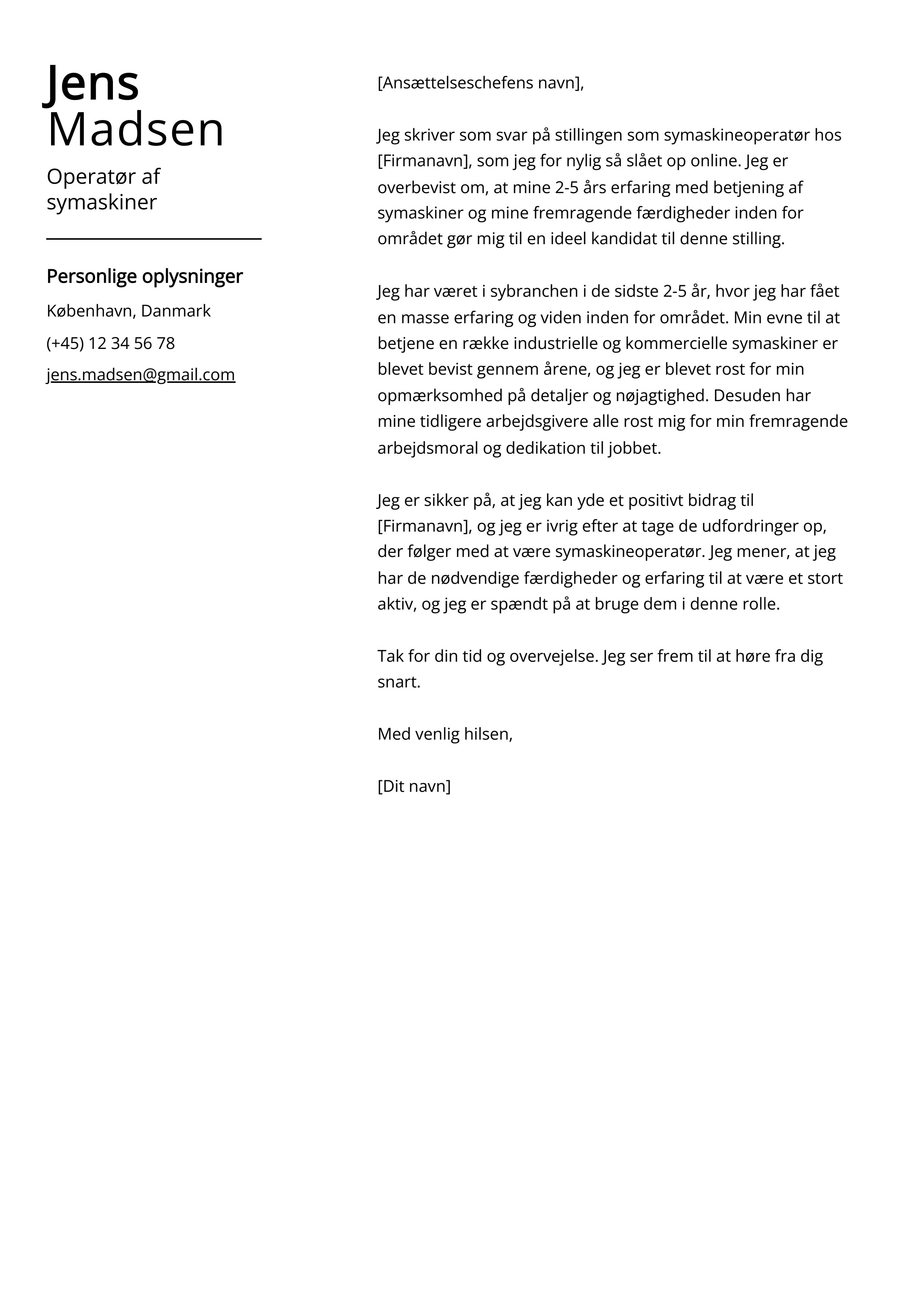 Operatør af symaskiner Cover Letter Example