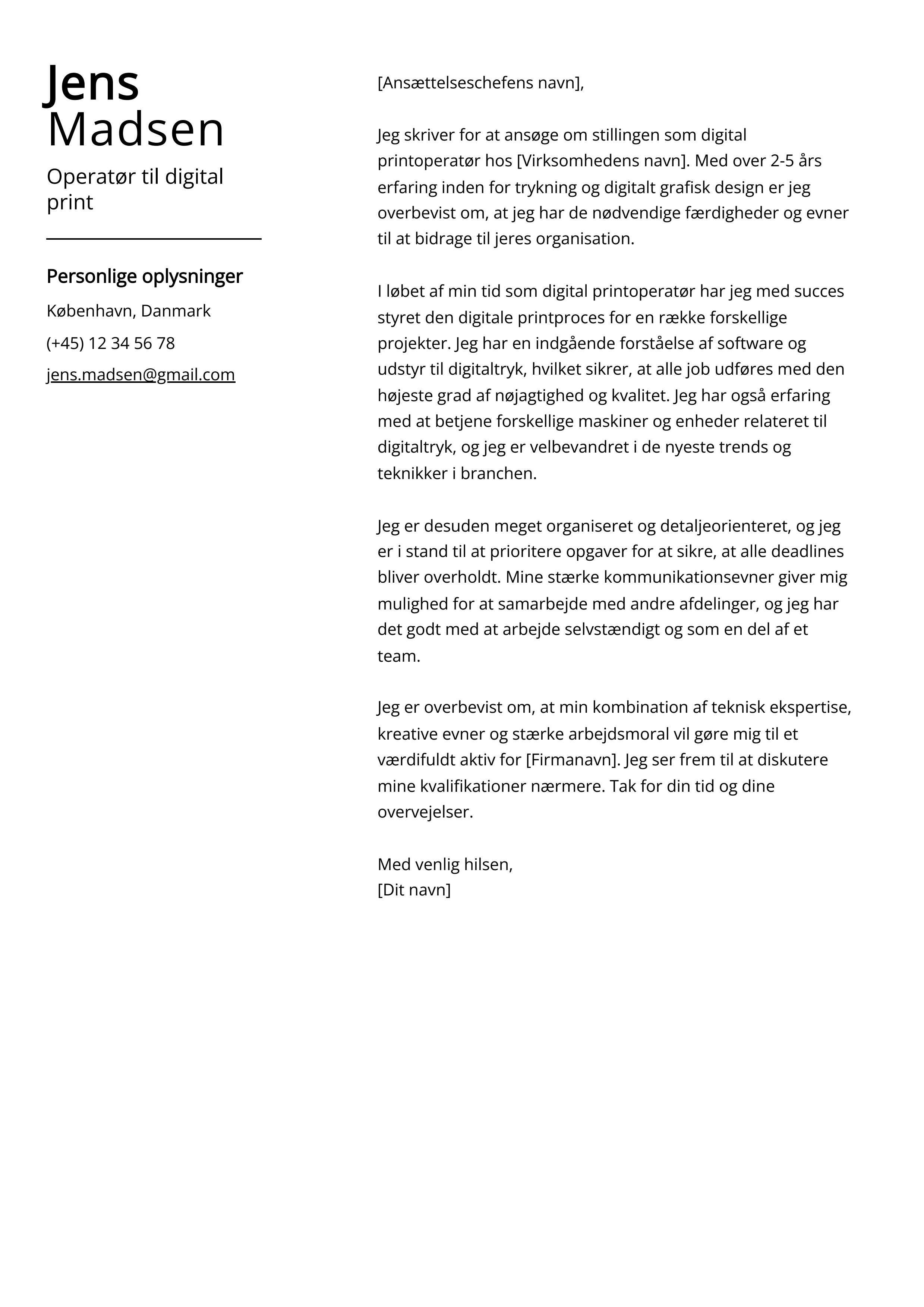 Operatør til digital print Cover Letter Example