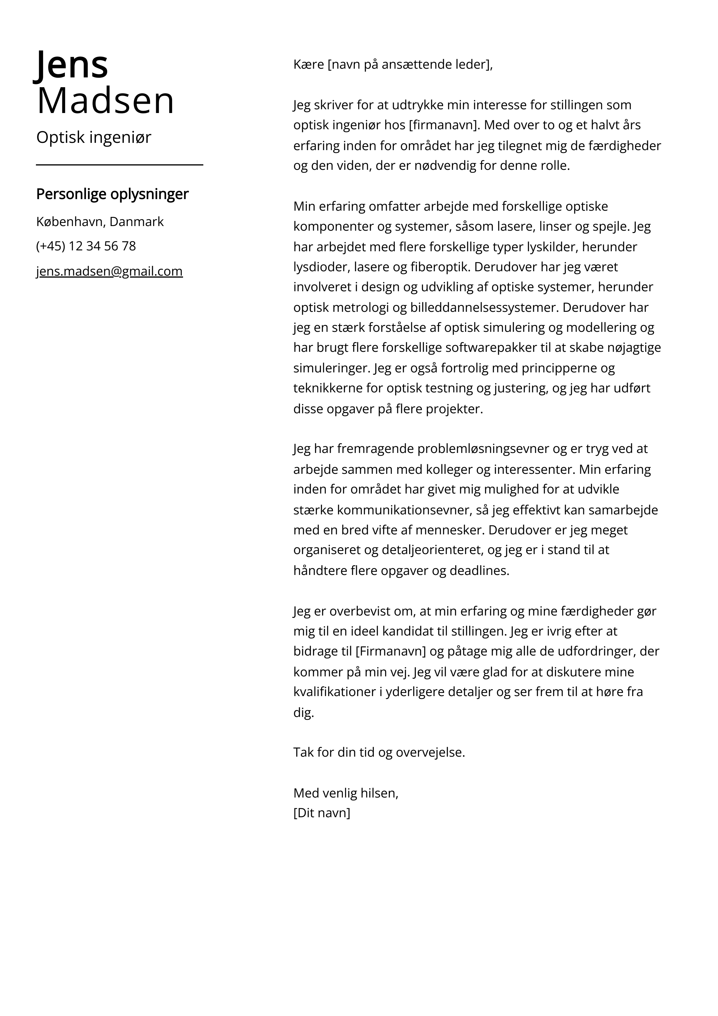 Optisk ingeniør Cover Letter Eksempel