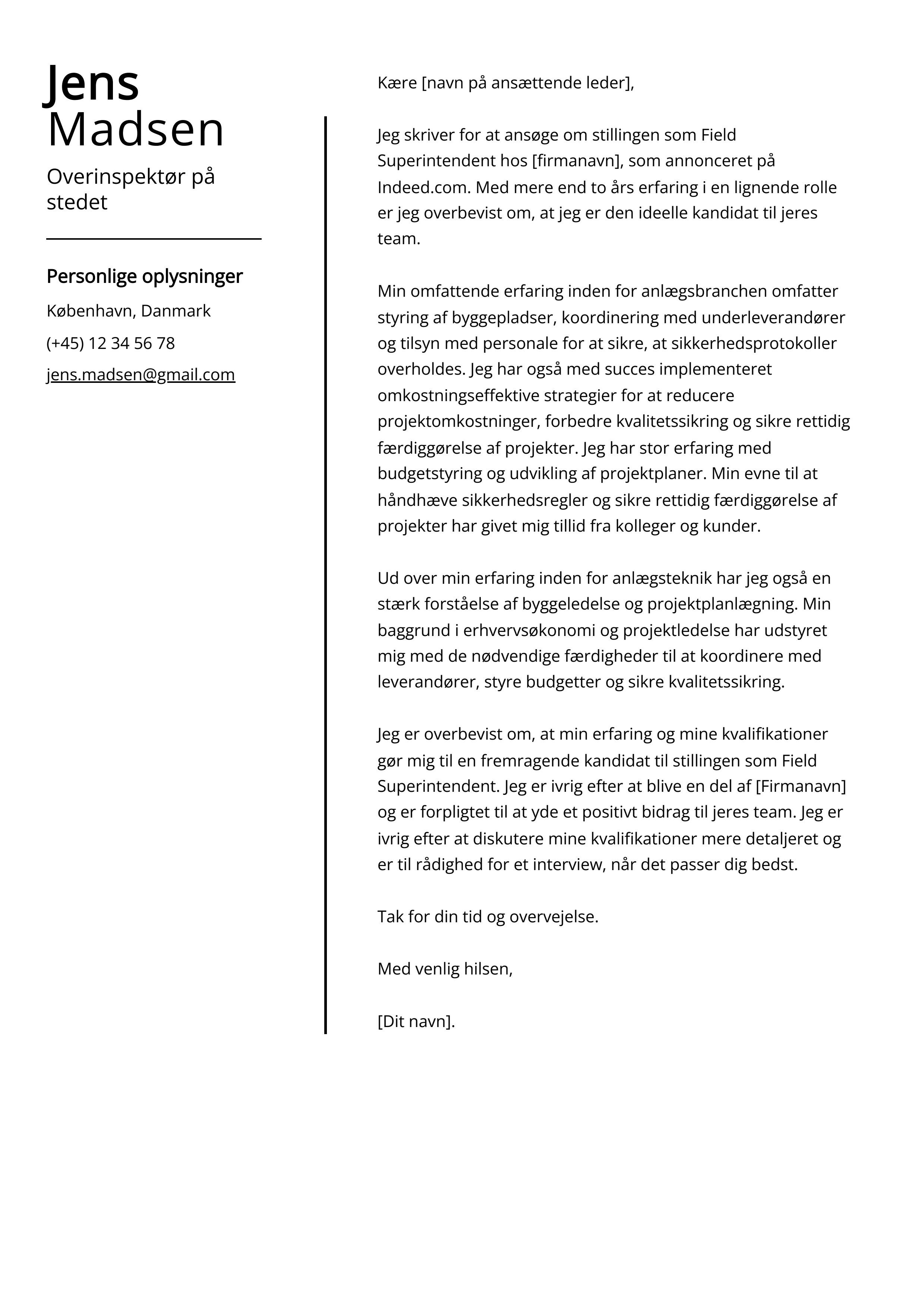 Overinspektør på stedet Cover Letter Example