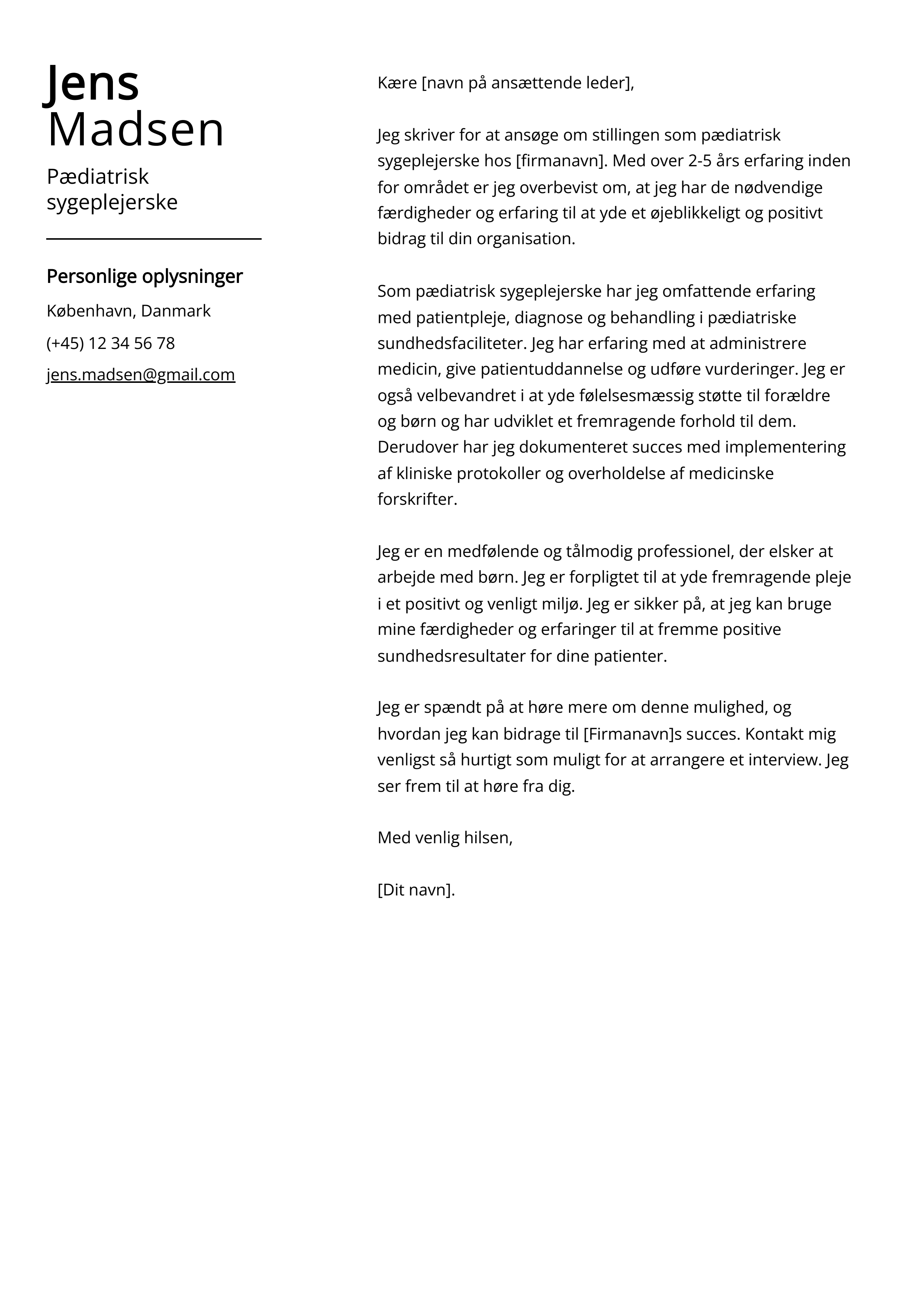 Pædiatrisk sygeplejerske Cover Letter Example