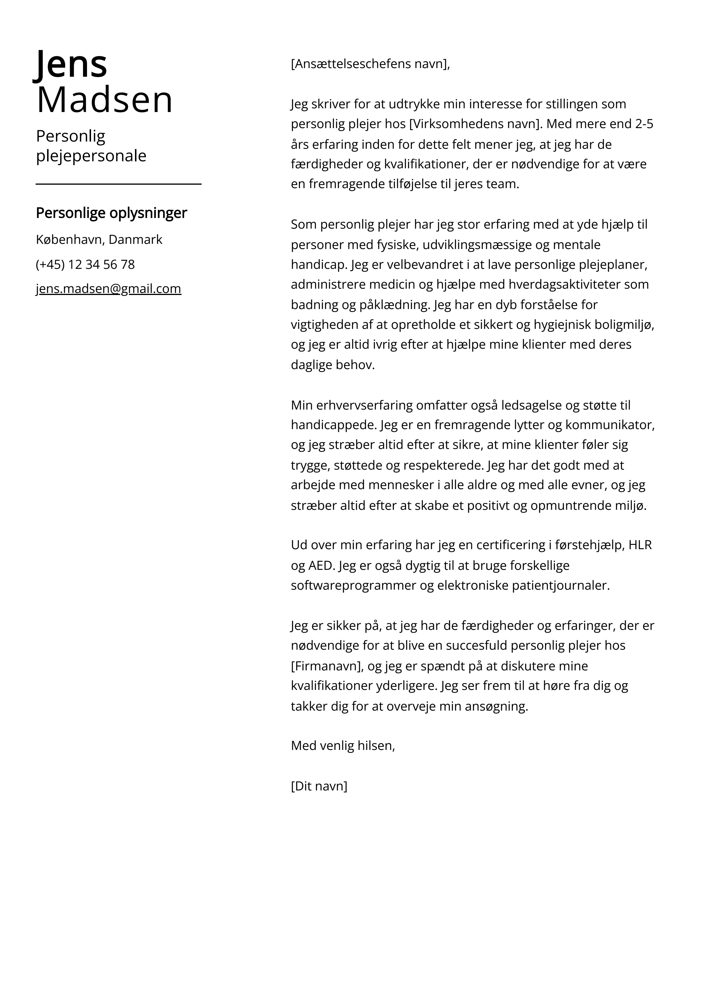 Personlig plejepersonale Cover Letter Example