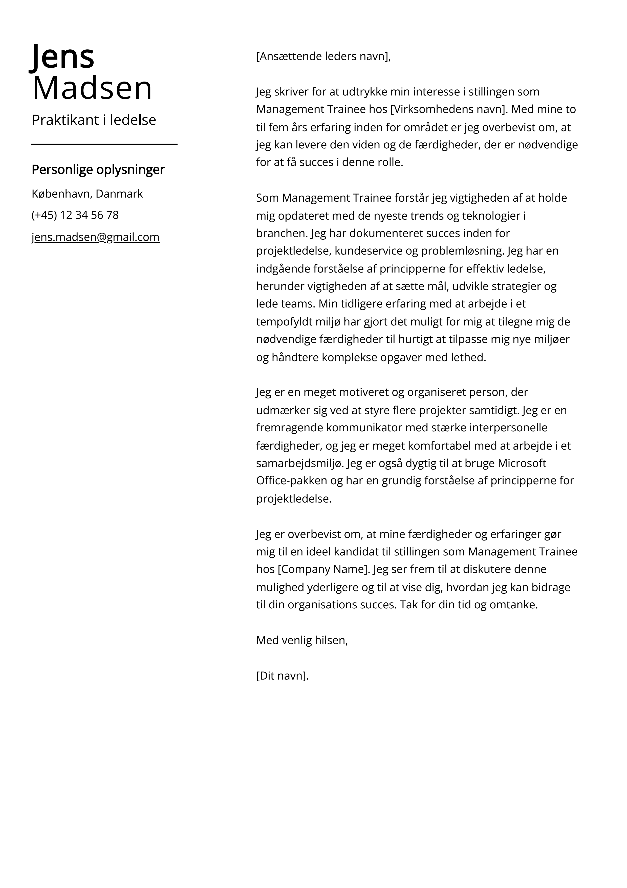 Praktikant i ledelse Cover Letter Example