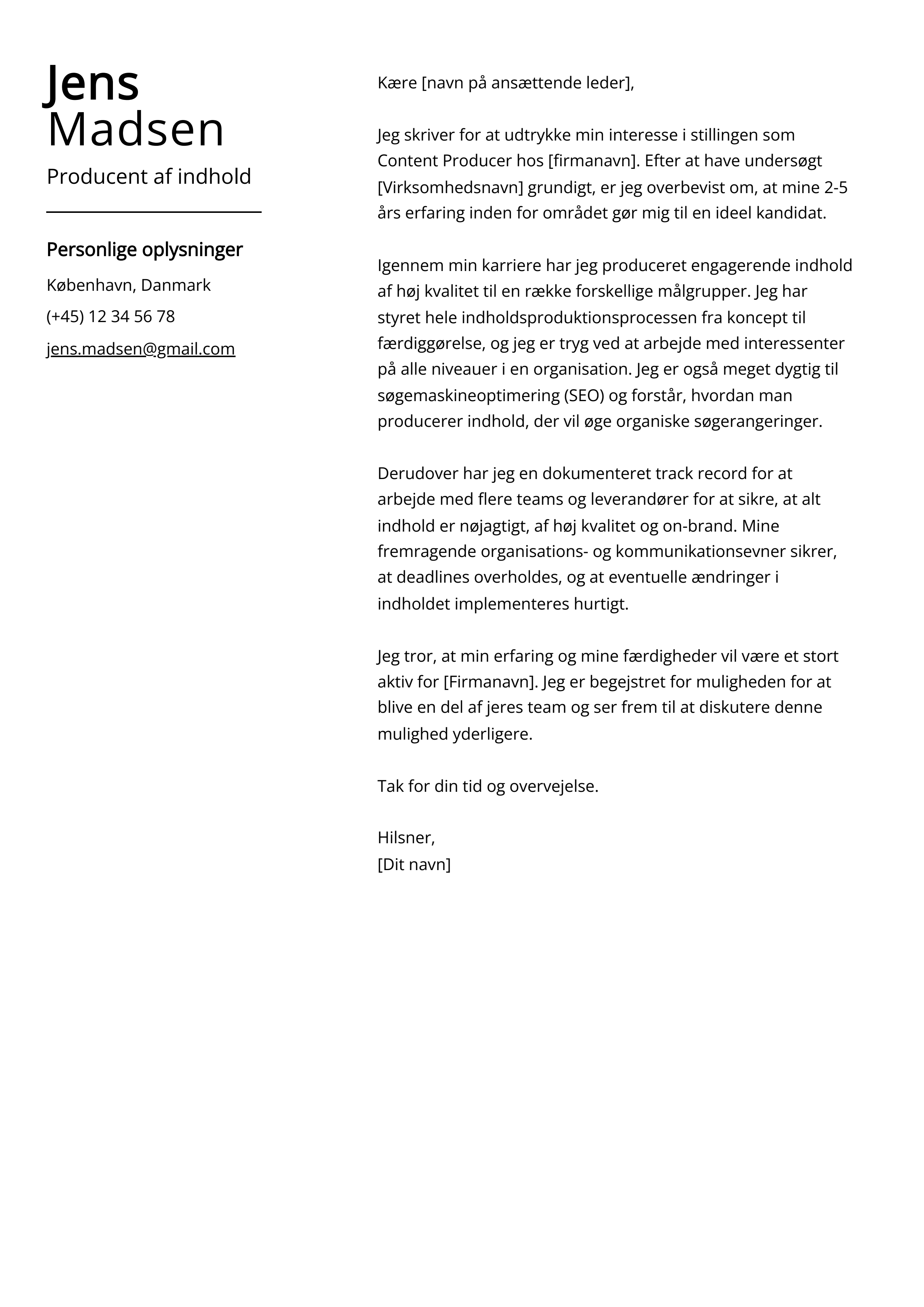 Producent af indhold Cover Letter Example