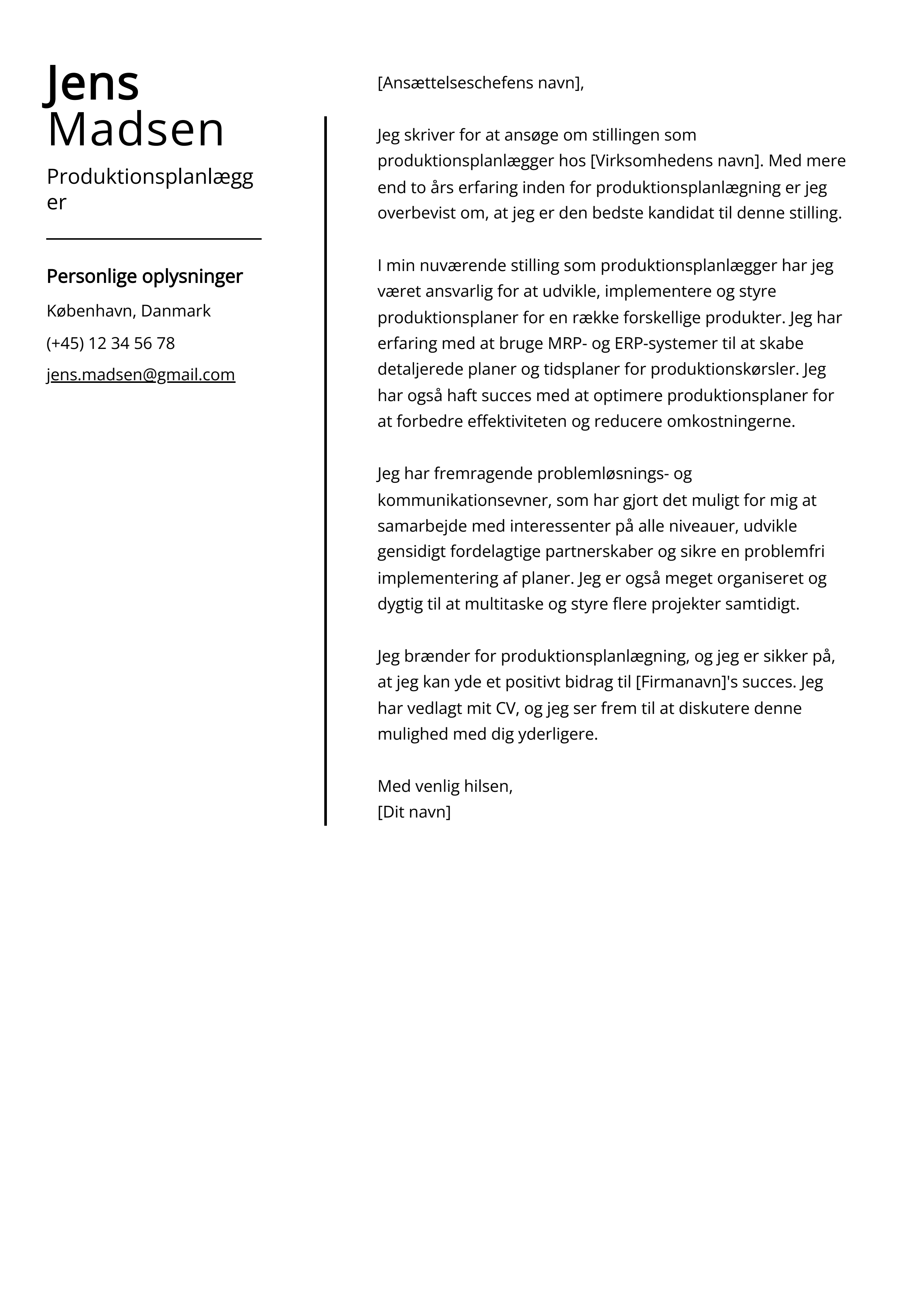 Produktionsplanlægger Cover Letter Eksempel