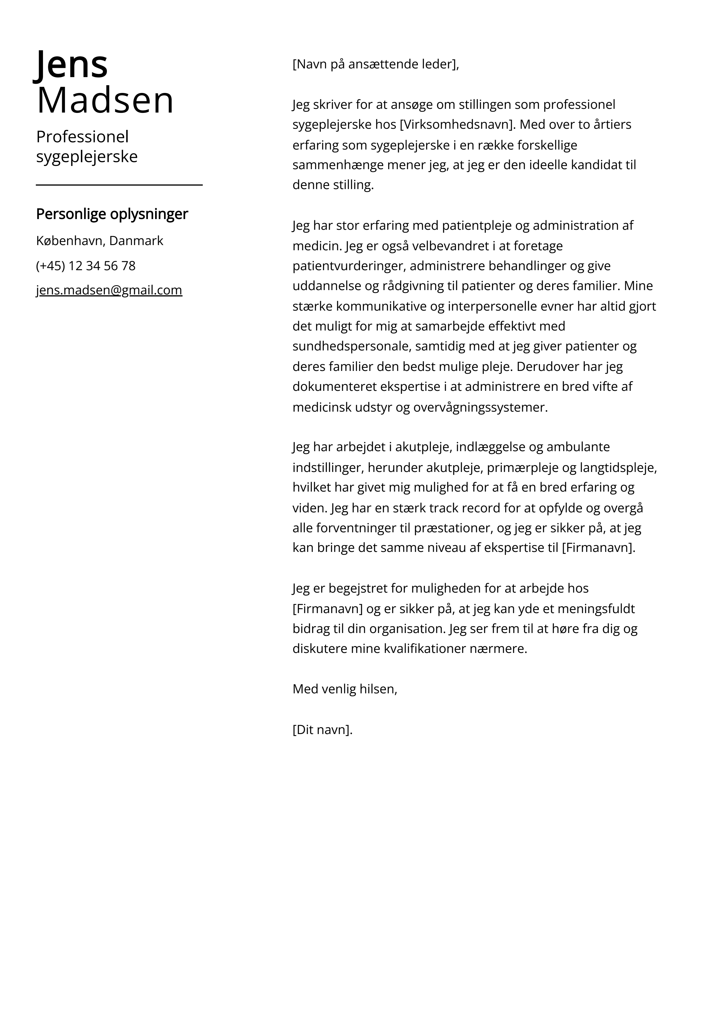 Professionel sygeplejerske Cover Letter Example