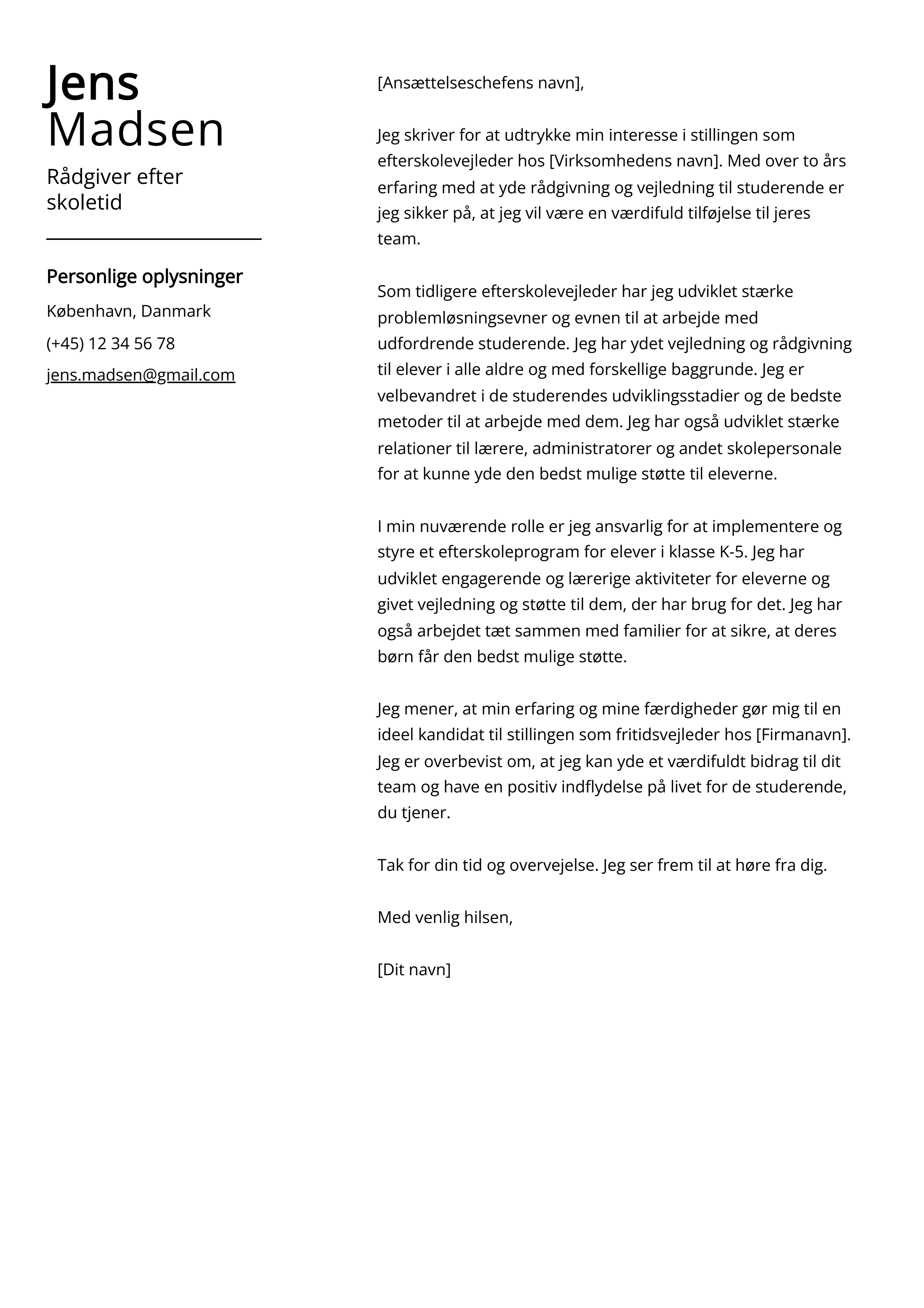 Rådgiver efter skoletid Cover Letter Example