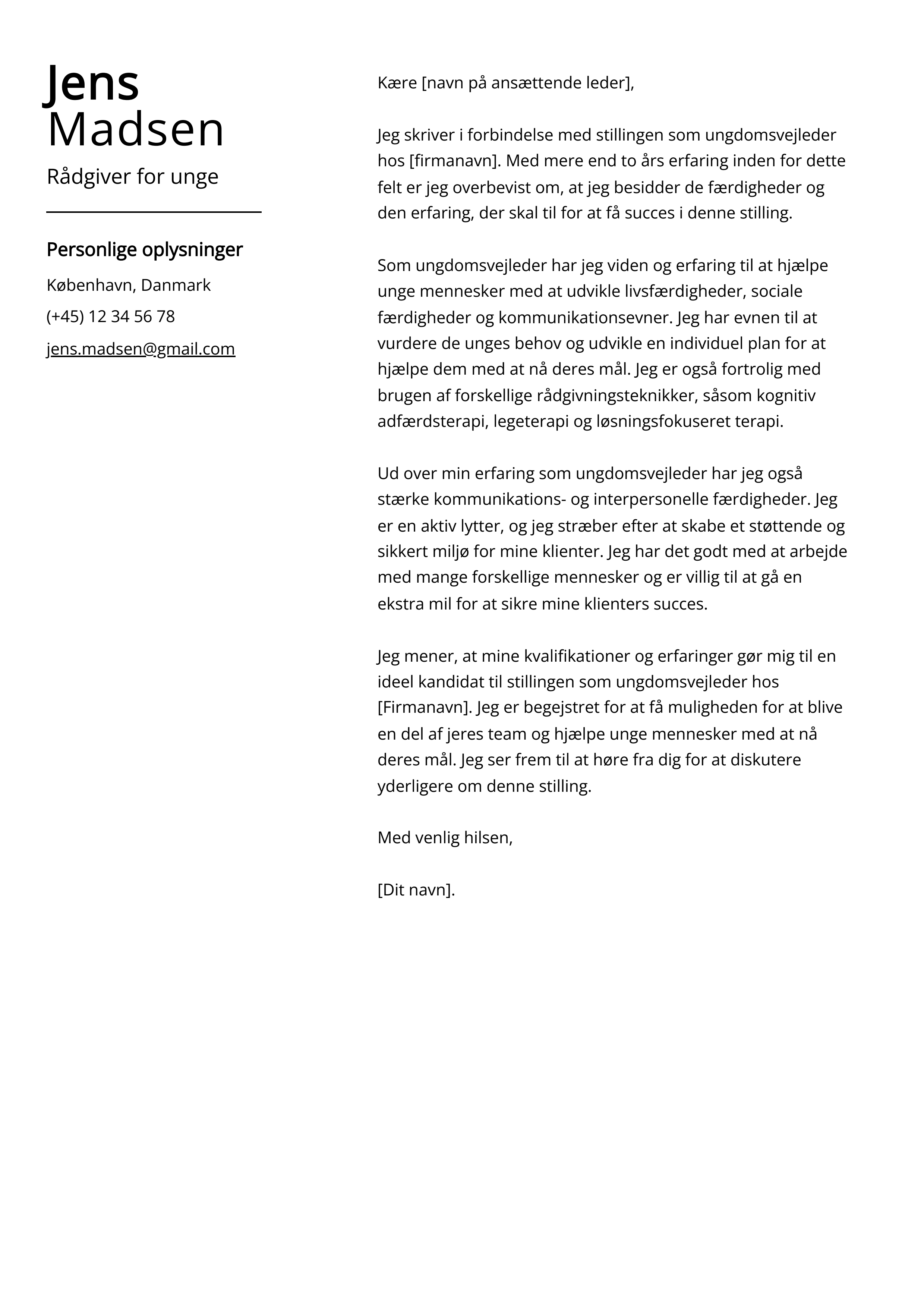 Rådgiver for unge Cover Letter Example
