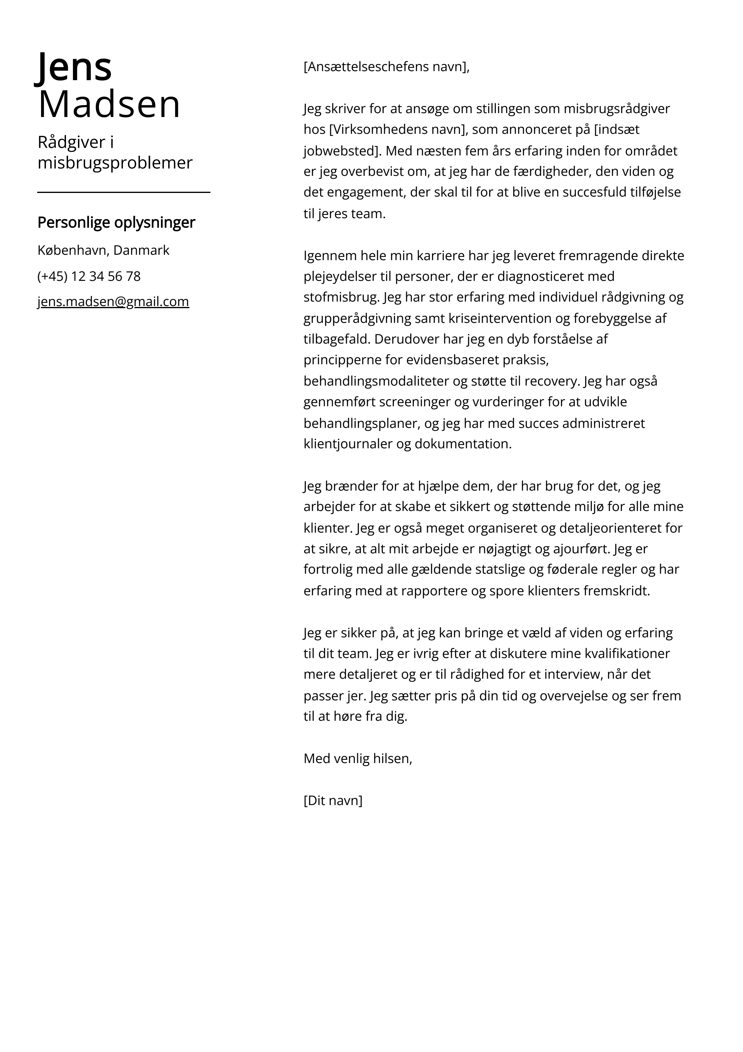 Rådgiver i misbrugsproblemer Cover Letter Example