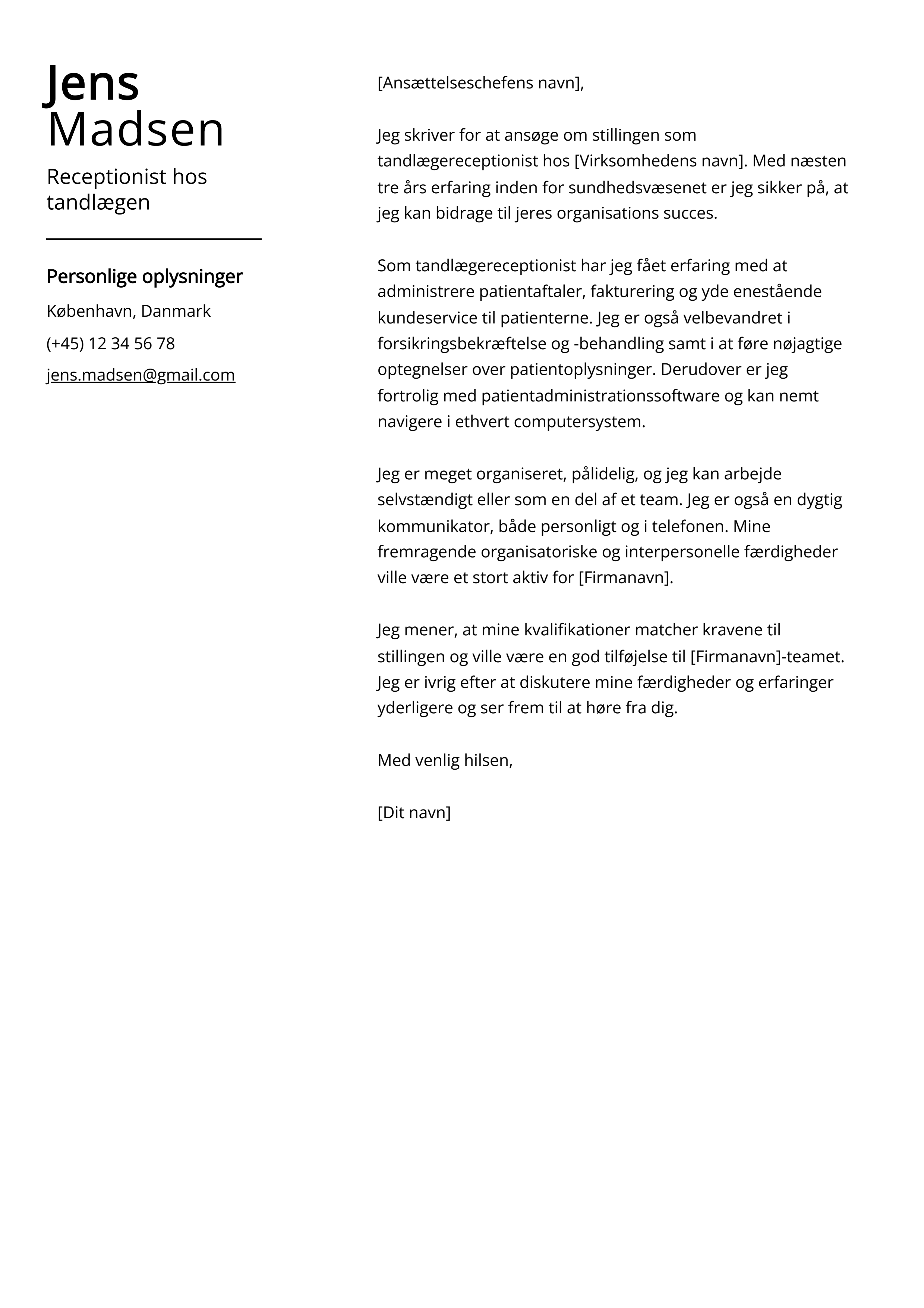 Receptionist hos tandlægen Cover Letter Example