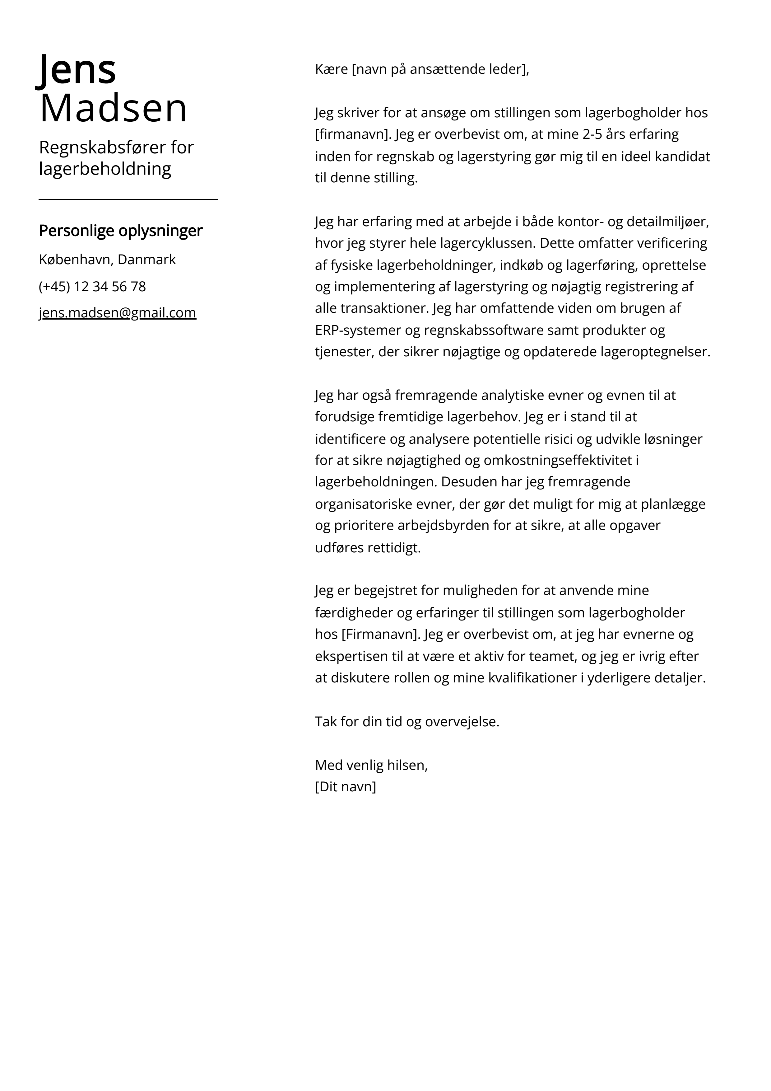 Regnskabsfører for lagerbeholdning Cover Letter Example