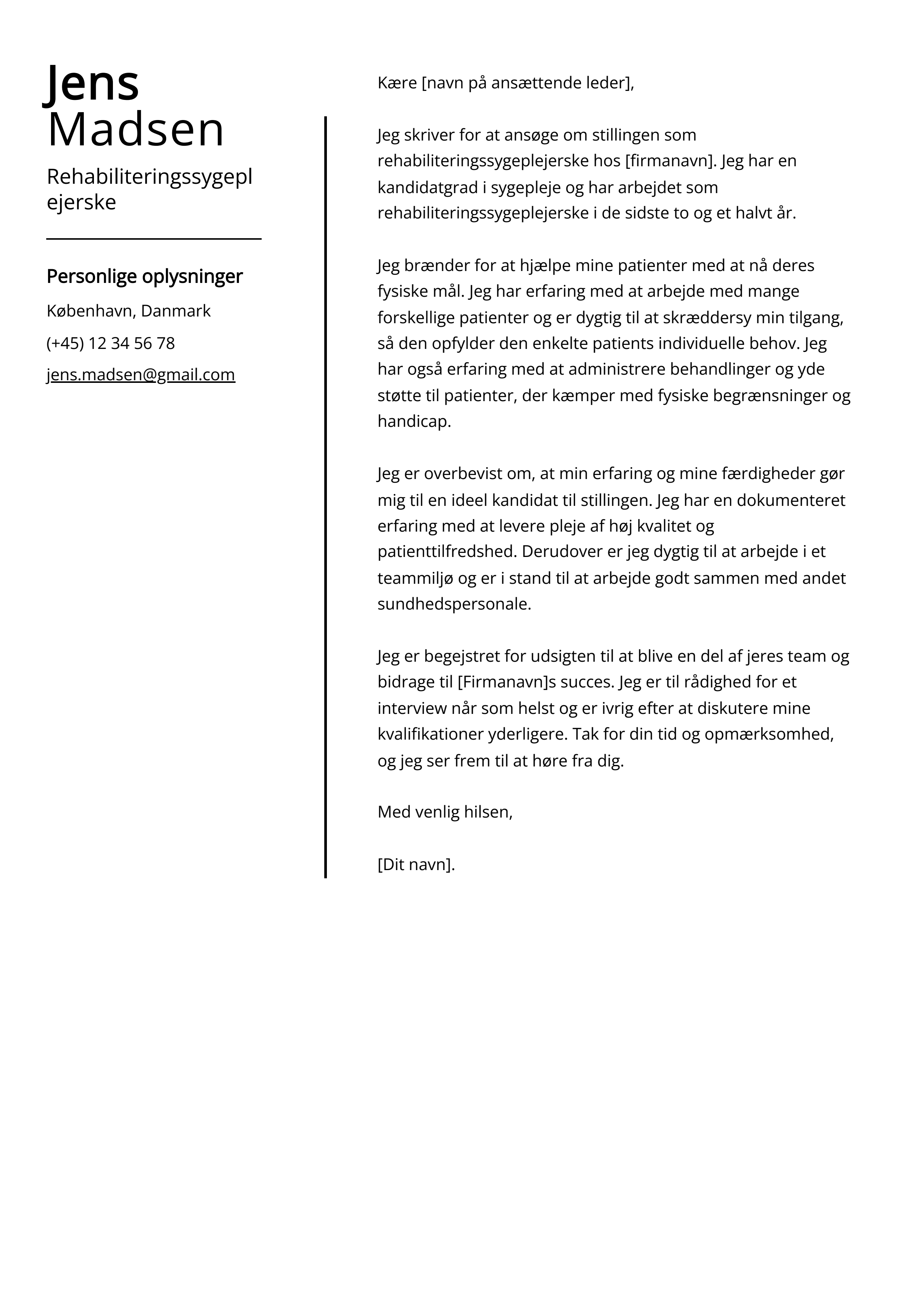 Rehabiliteringssygeplejerske Cover Letter Example