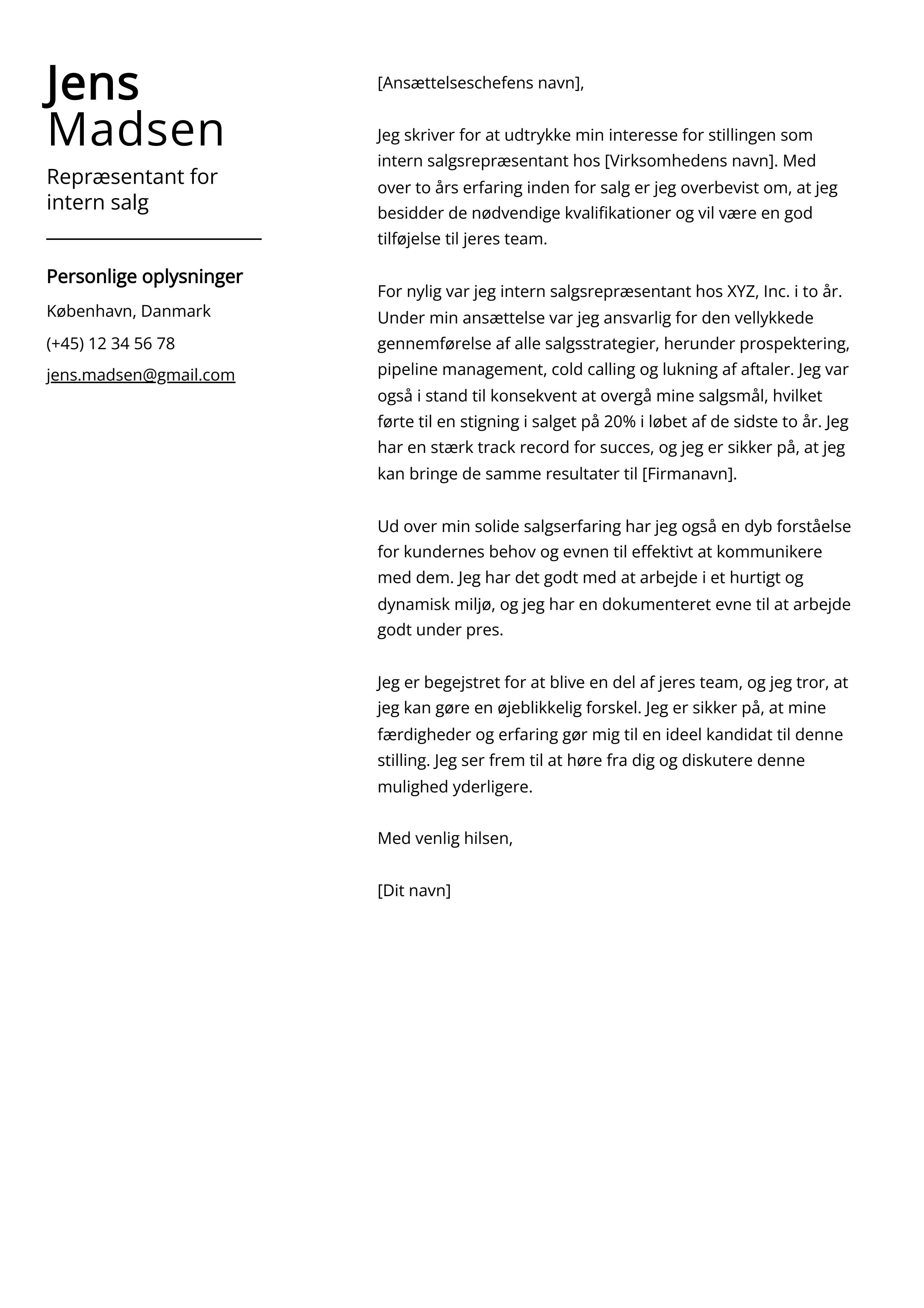 Repræsentant for intern salg Cover Letter Example