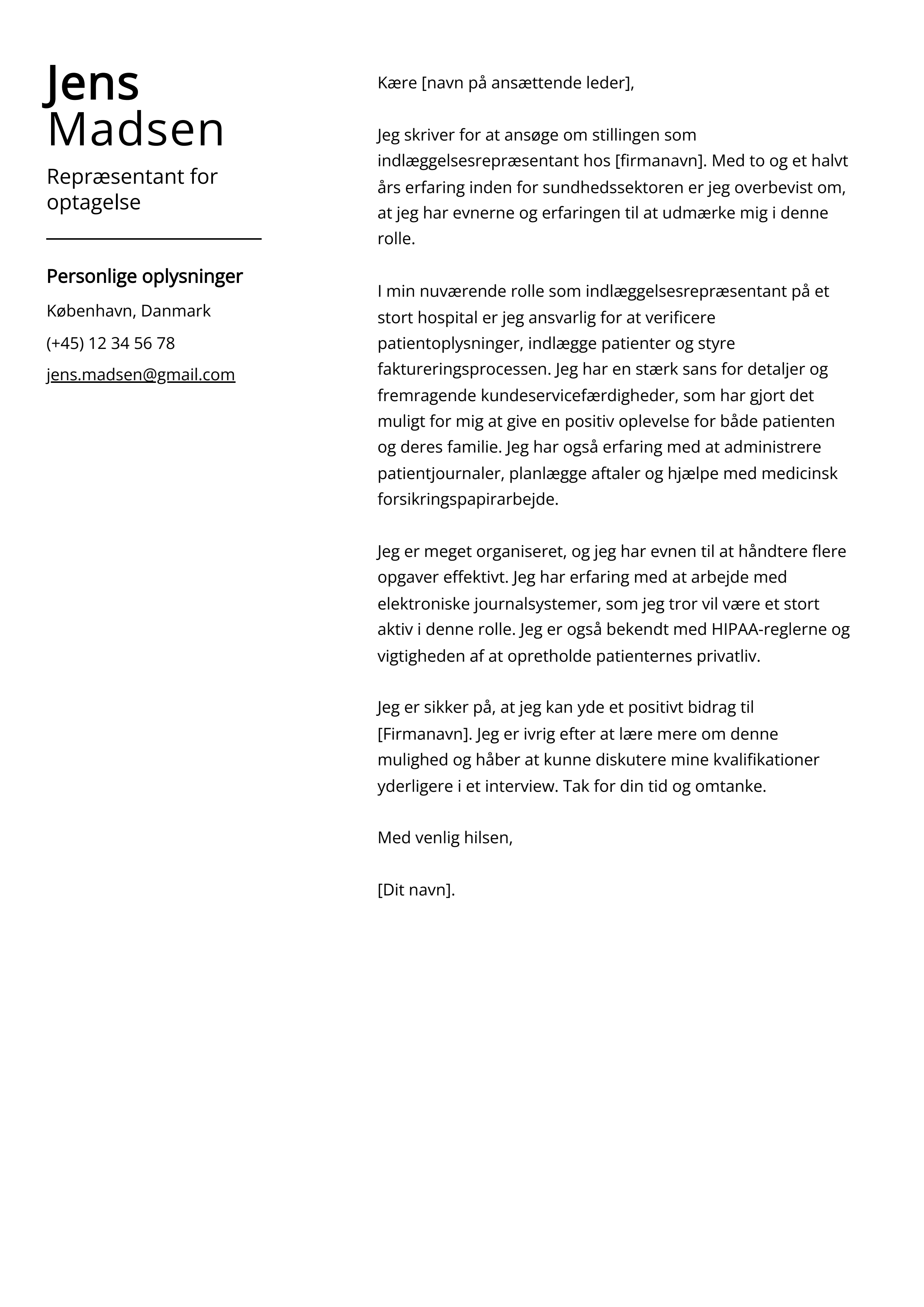 Repræsentant for optagelse Cover Letter Example