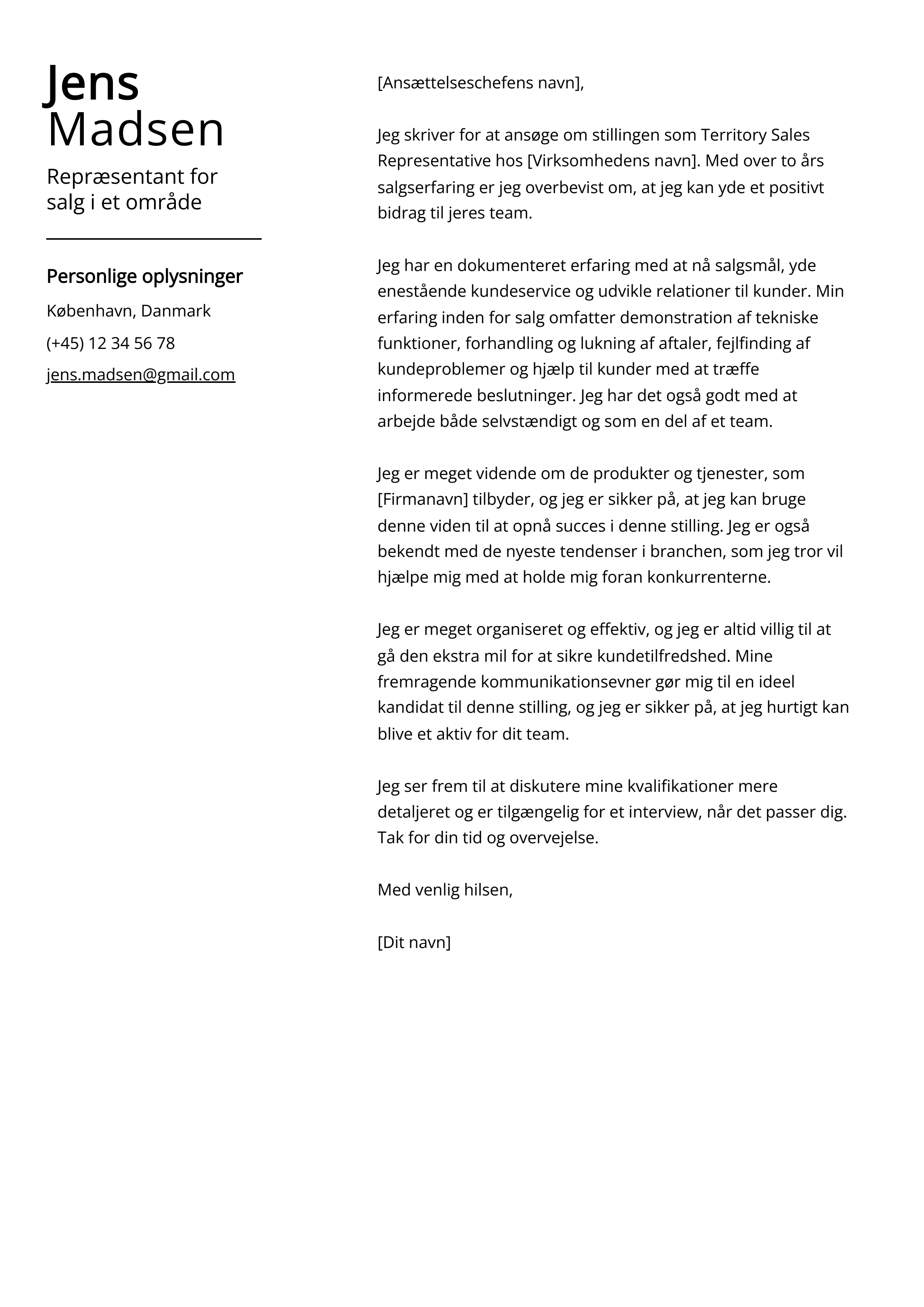 Repræsentant for salg i et område Cover Letter Example