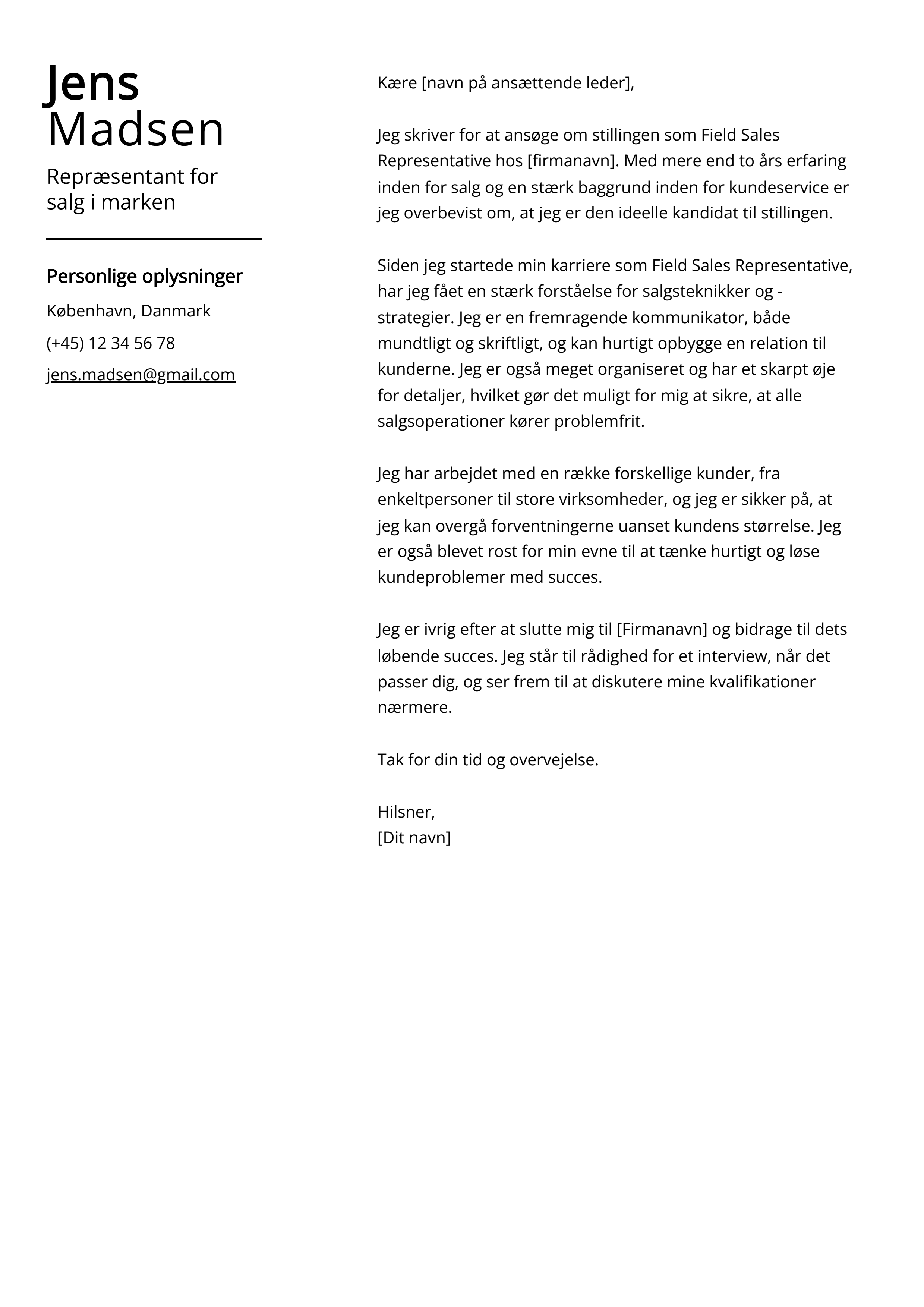 Repræsentant for salg i marken Cover Letter Example