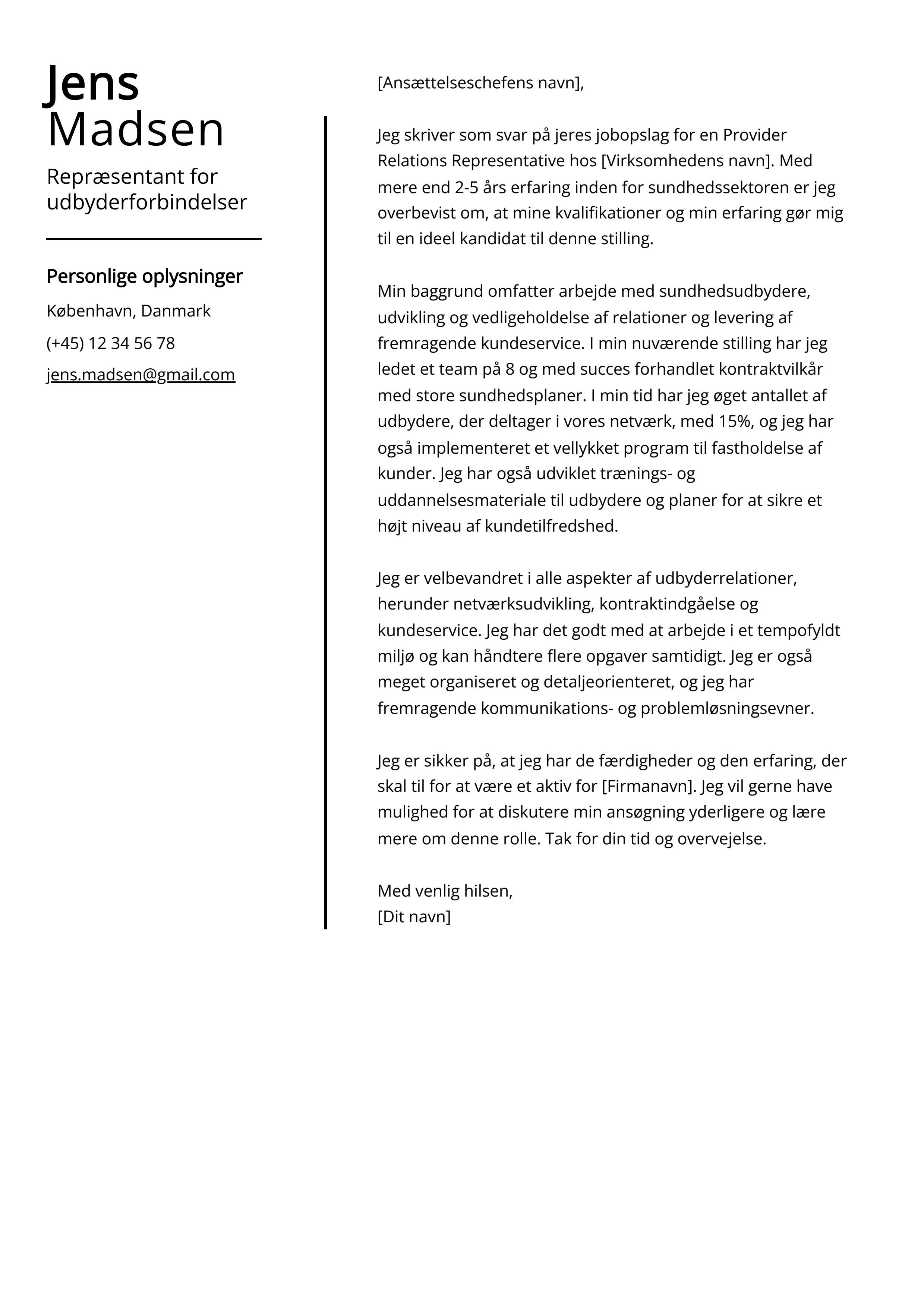 Repræsentant for udbyderforbindelser Cover Letter Example