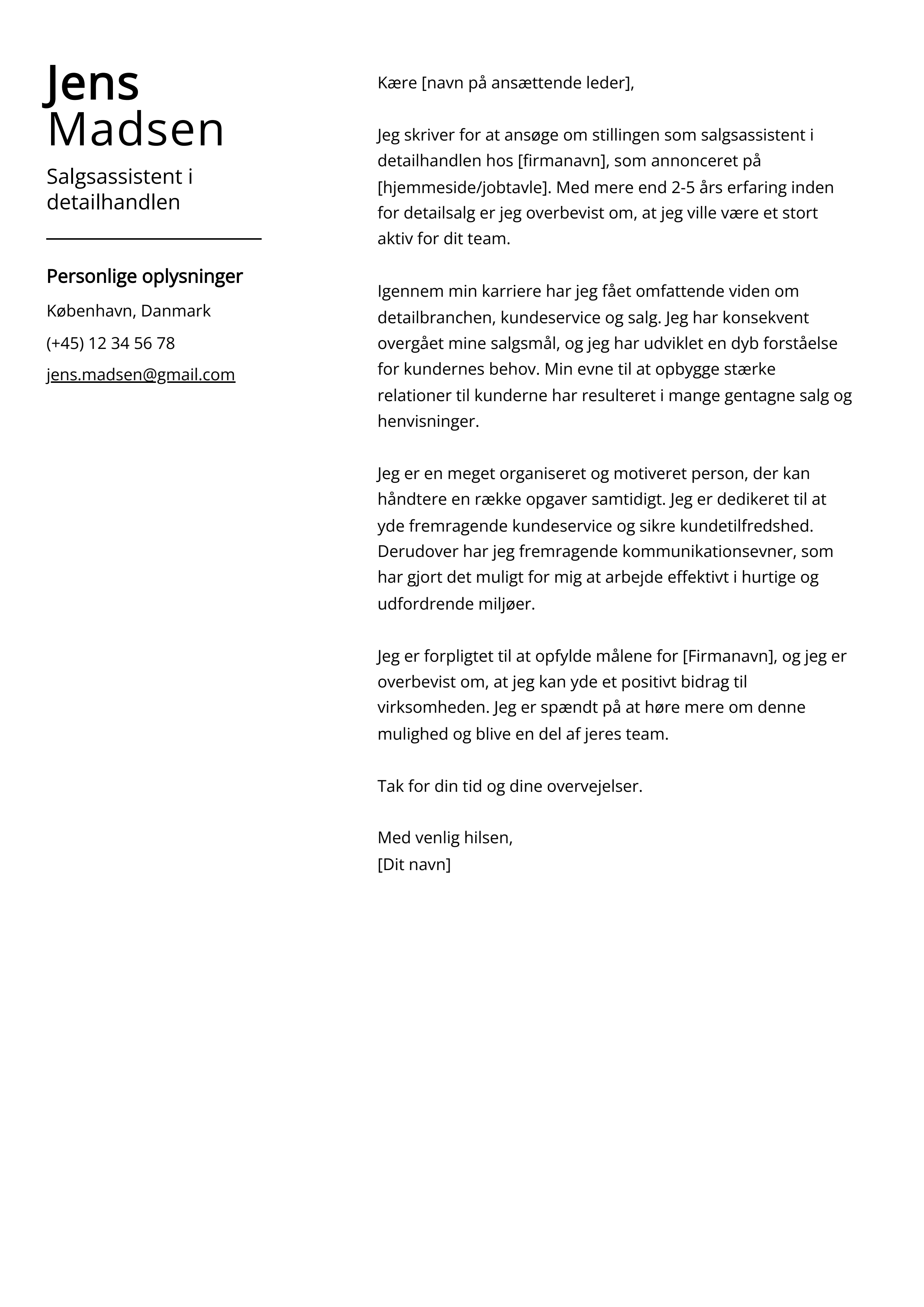 Salgsassistent i detailhandlen Cover Letter Example