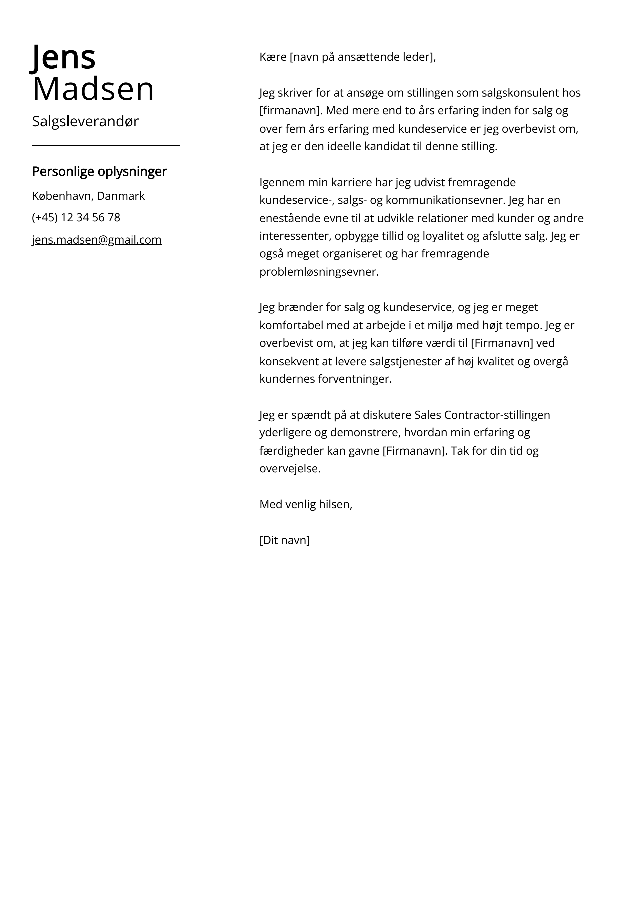 Salgsleverandør Cover Letter Example