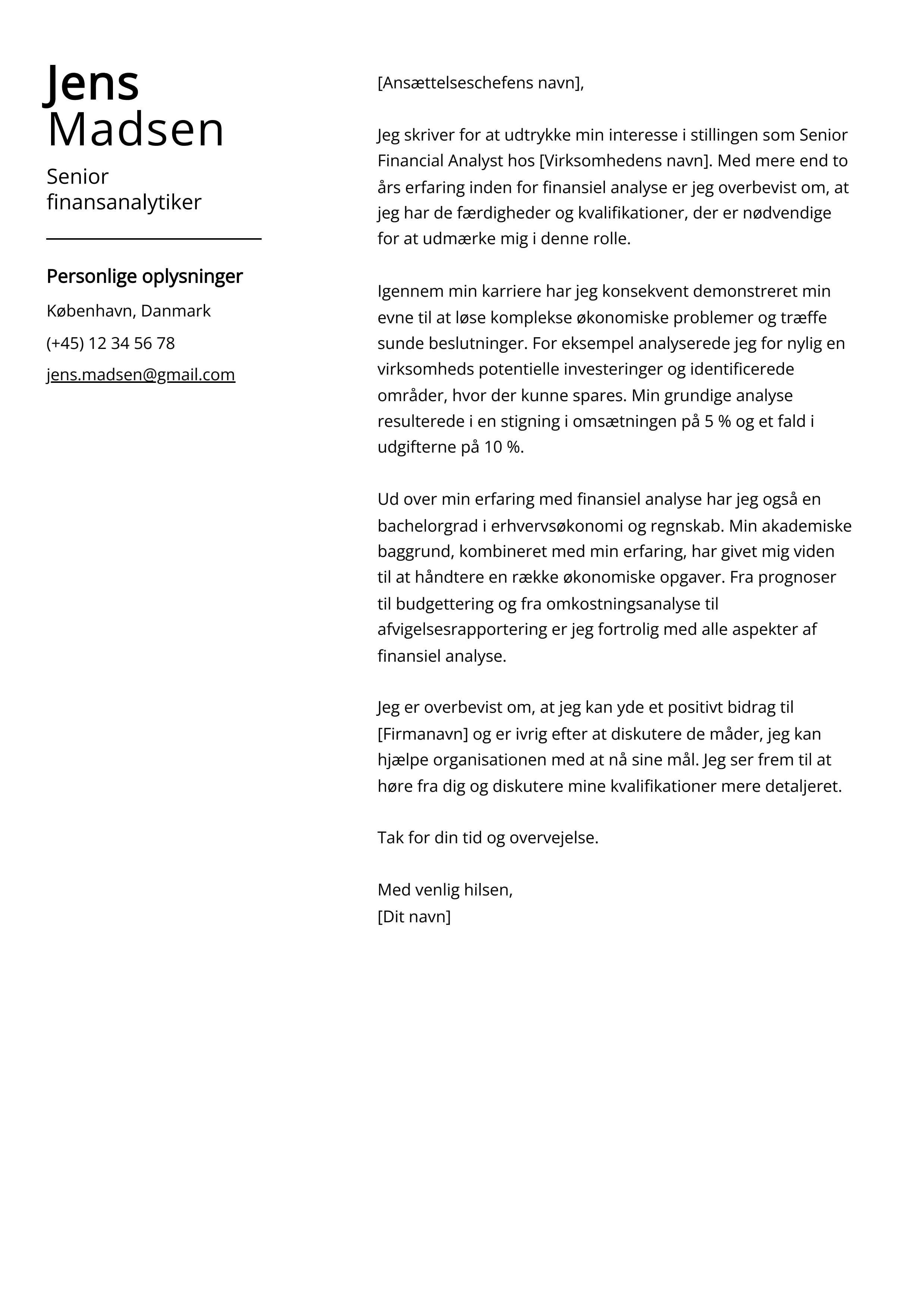 Senior finansanalytiker Cover Letter Eksempel