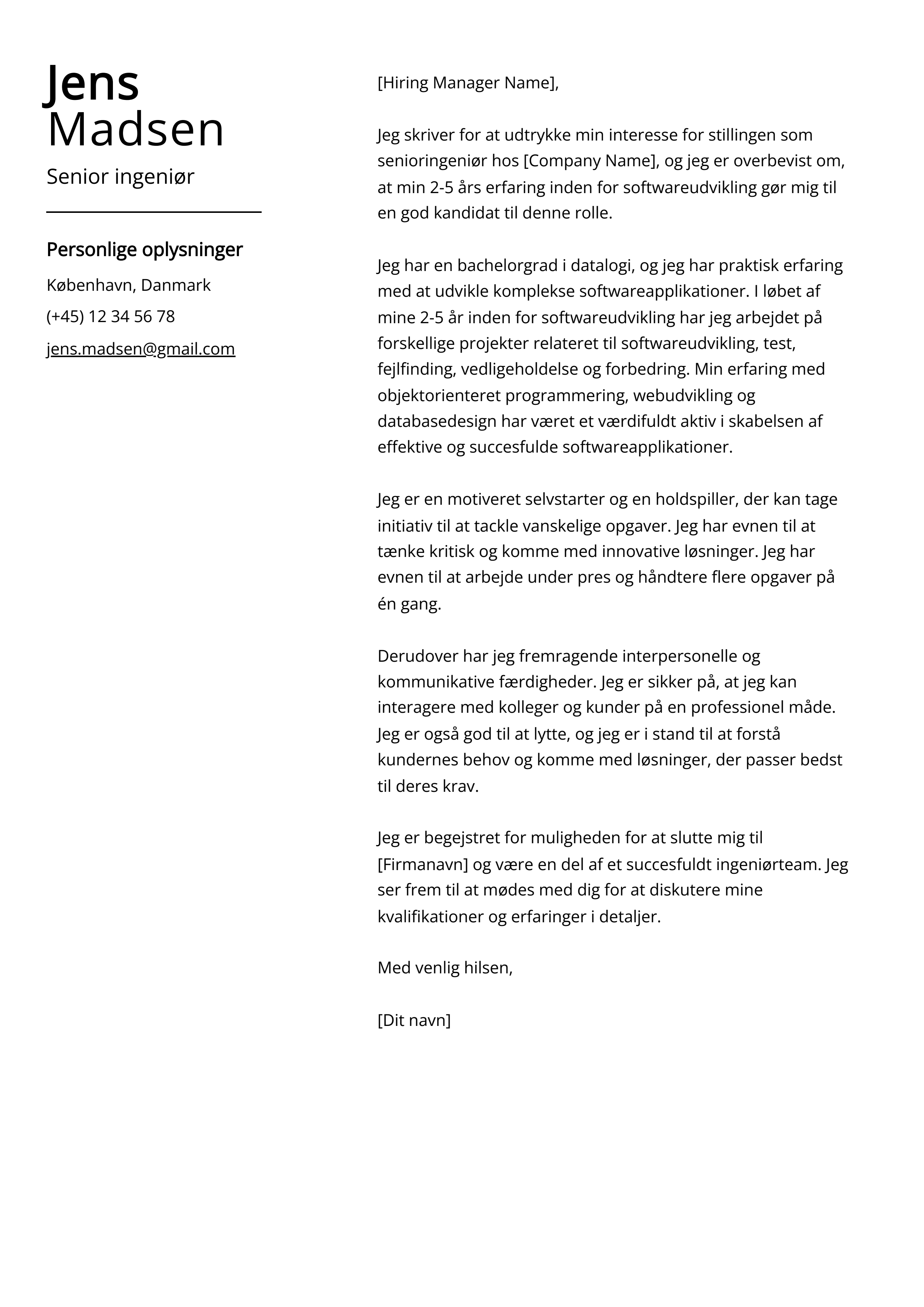 Senior ingeniør Cover Letter Eksempel