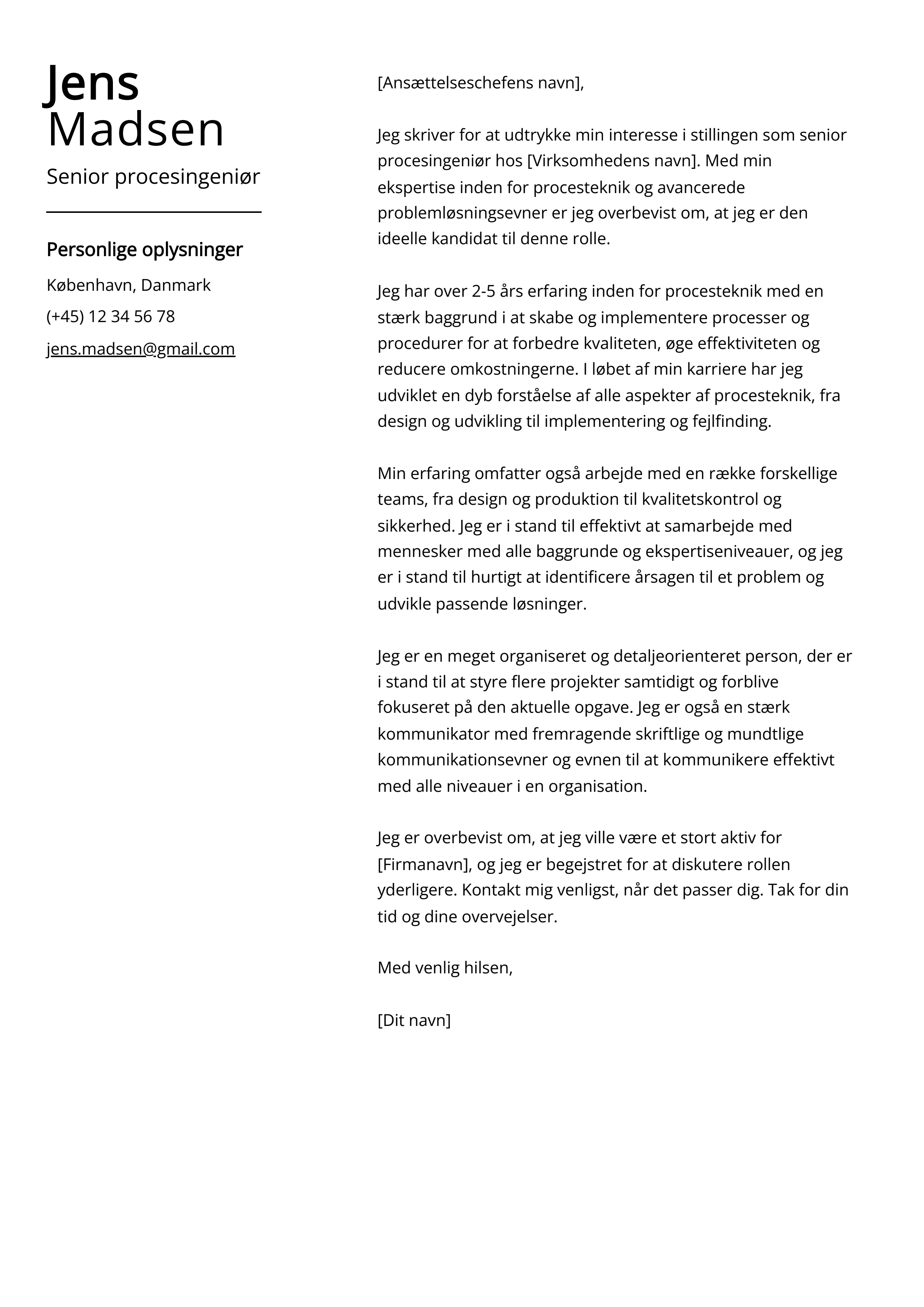 Senior procesingeniør Cover Letter Eksempel