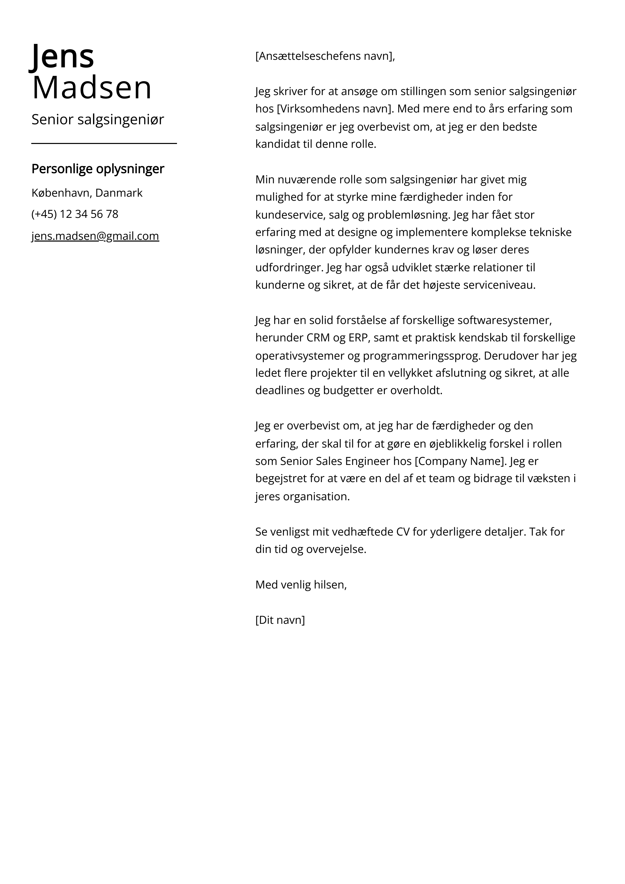 Senior salgsingeniør Cover Letter Eksempel