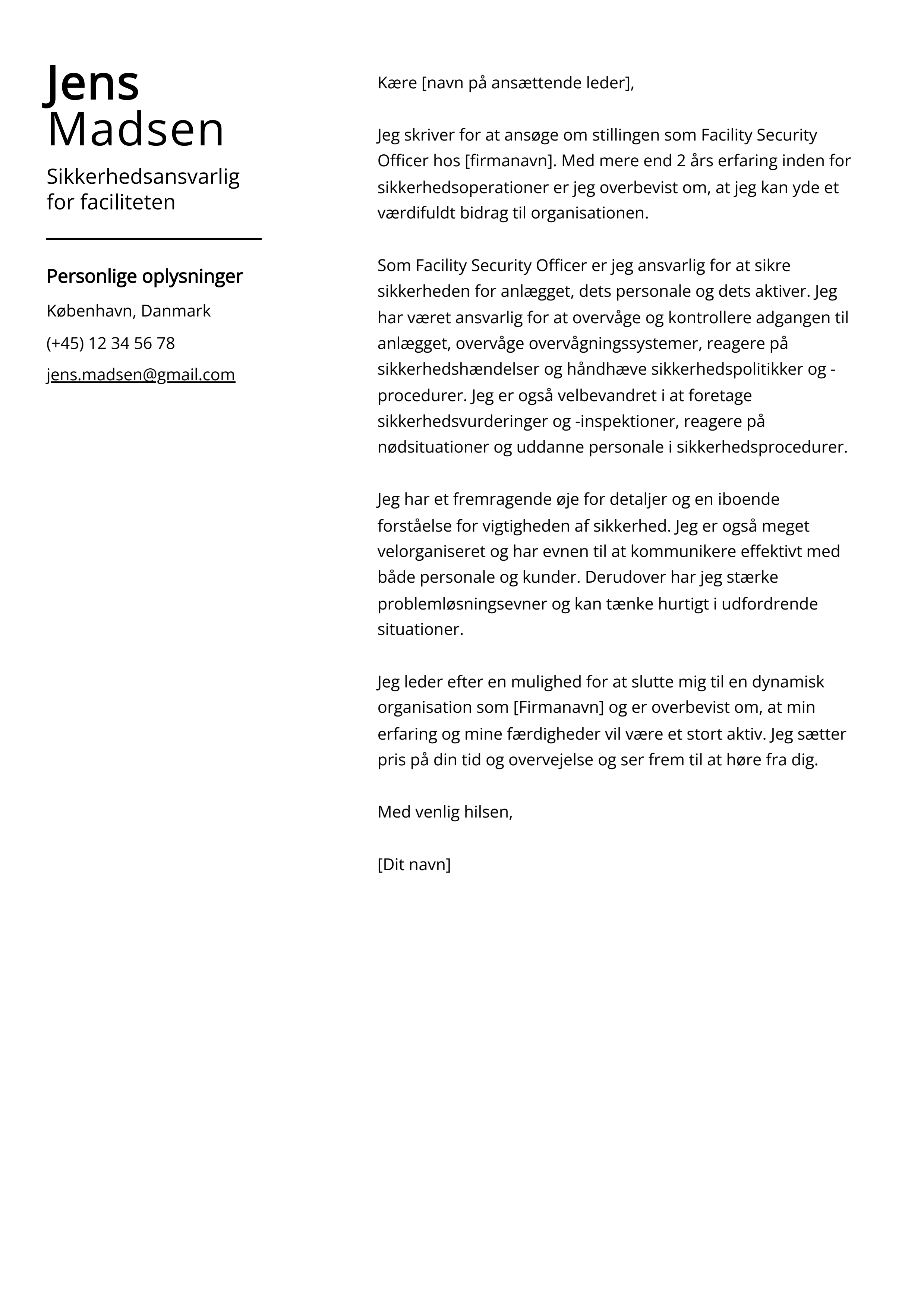 Sikkerhedsansvarlig for faciliteten Cover Letter Example