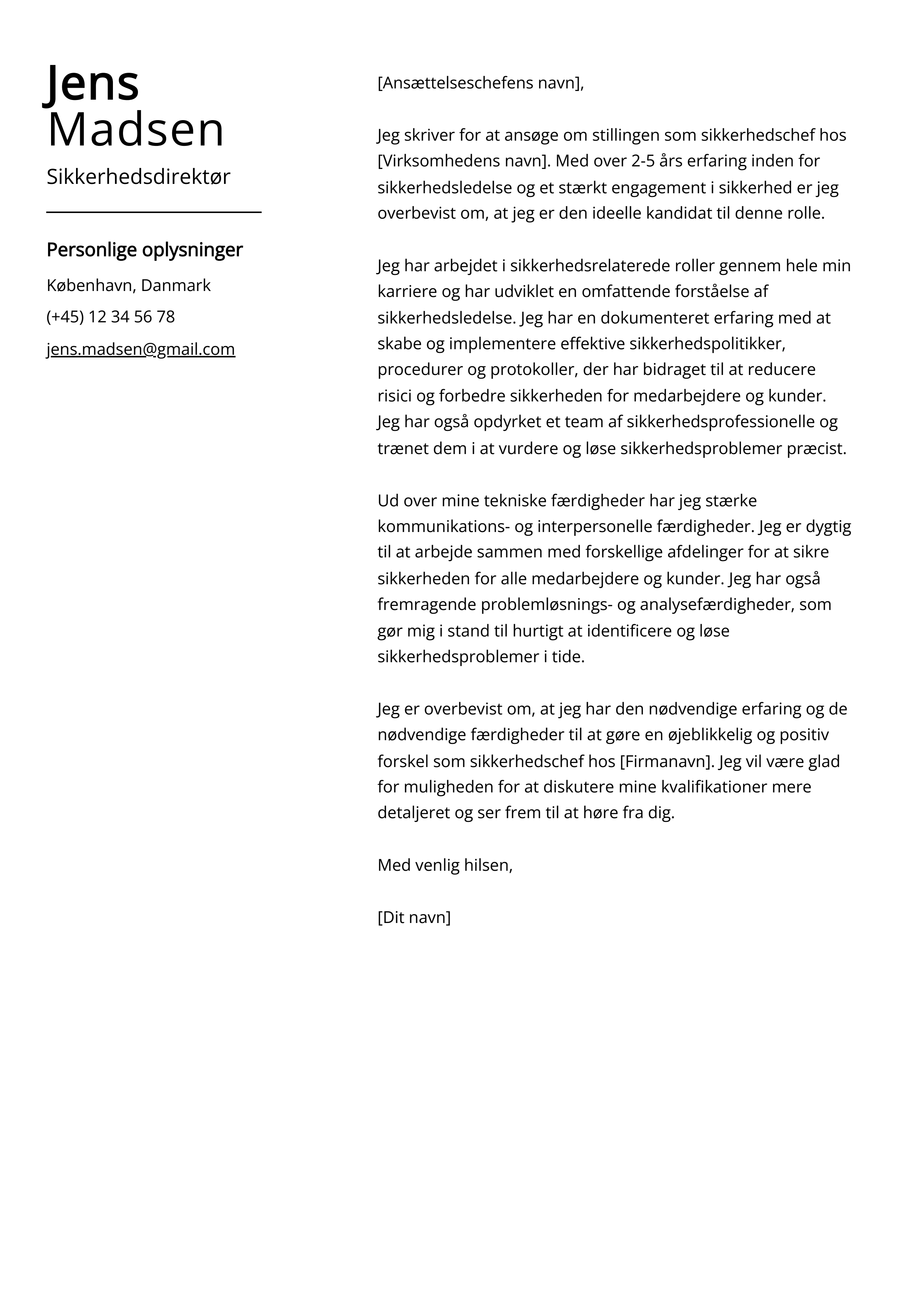 Sikkerhedsdirektør Cover Letter Eksempel