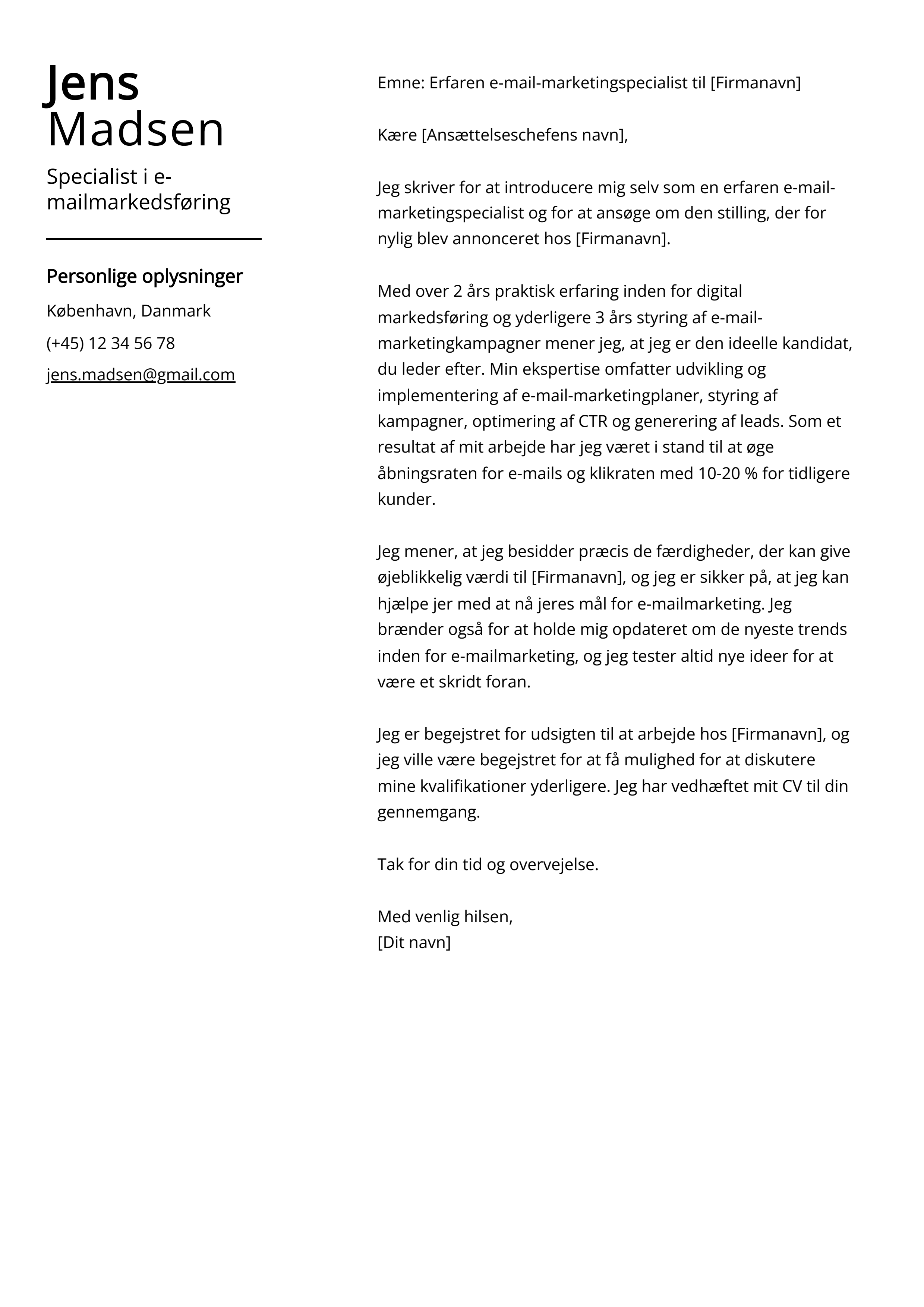 Specialist i e-mailmarkedsføring Cover Letter Example