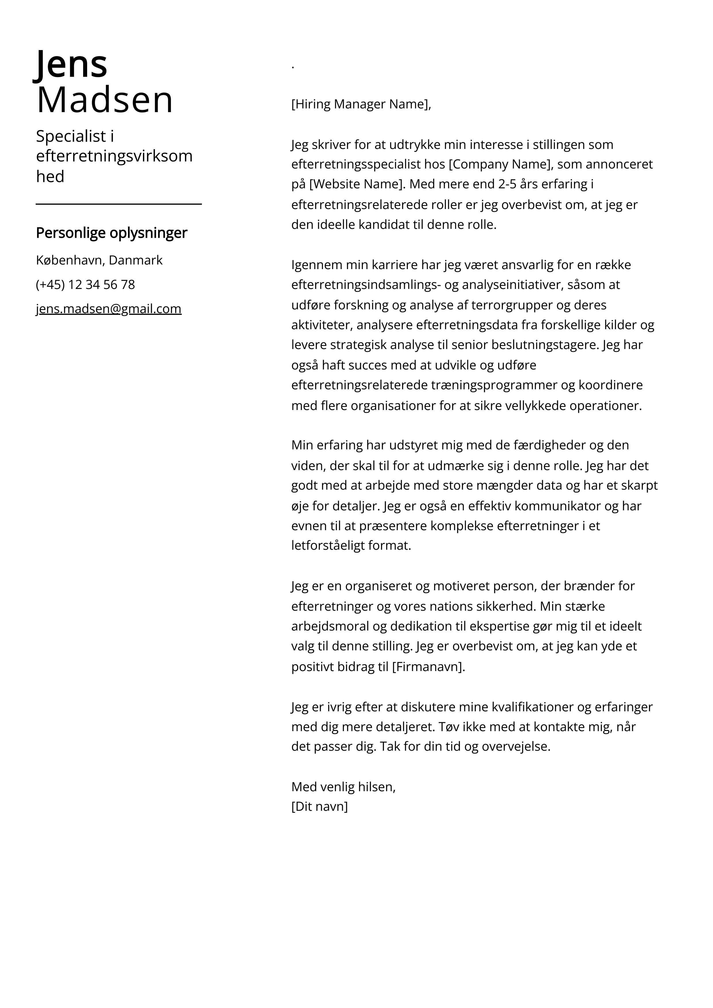 Specialist i efterretningsvirksomhed Cover Letter Example