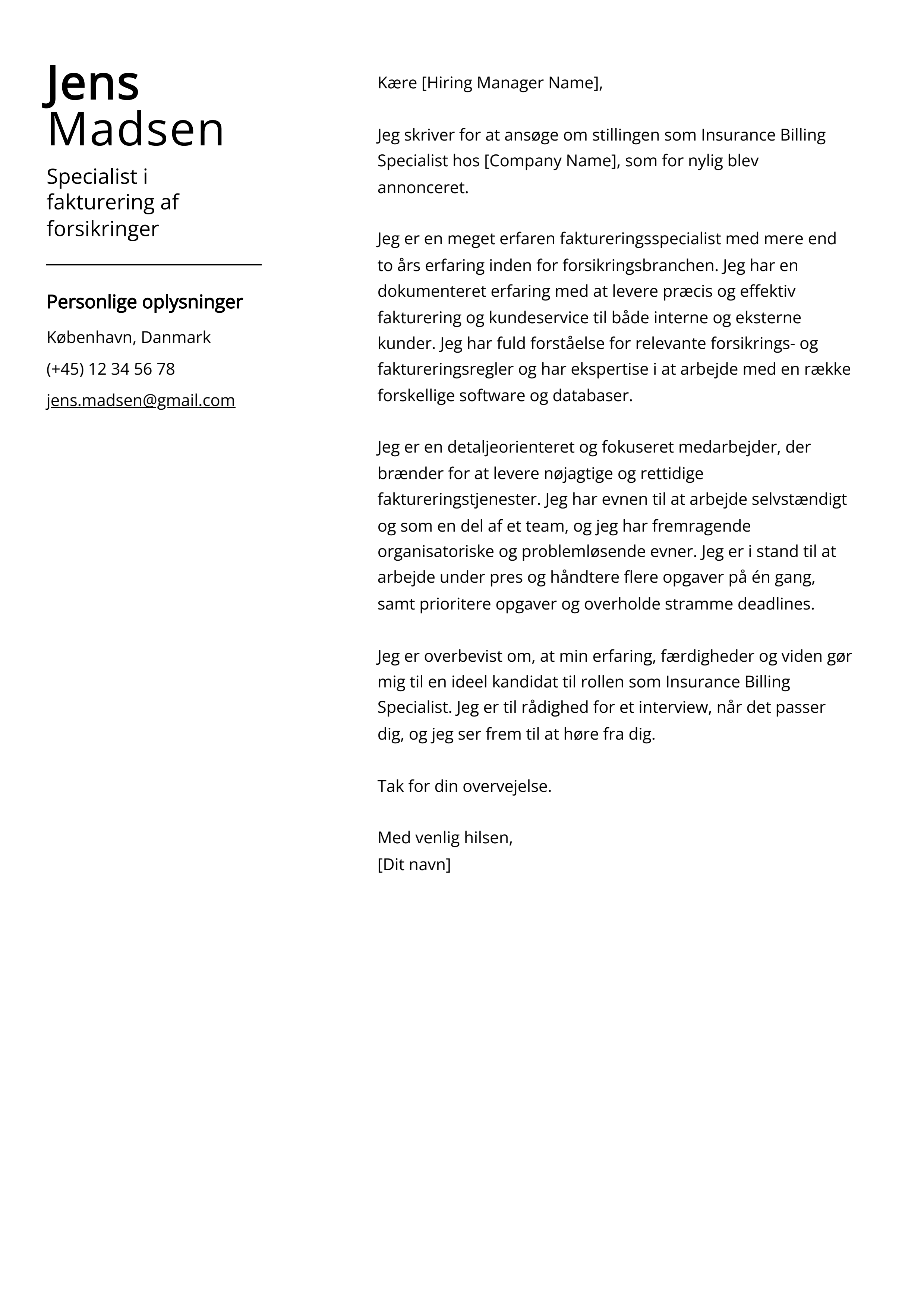 Specialist i fakturering af forsikringer Cover Letter Example