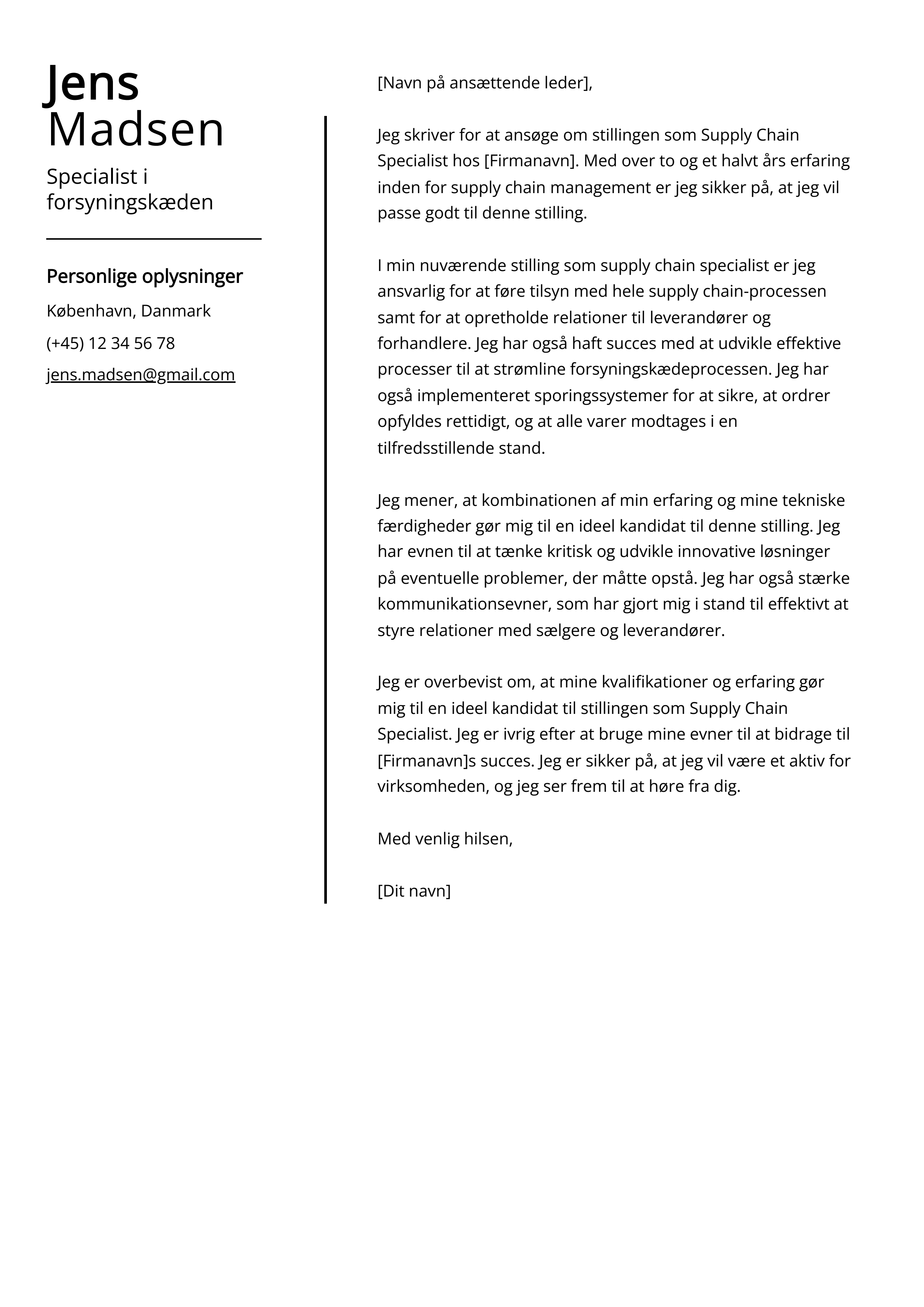 Specialist i forsyningskæden Cover Letter Example