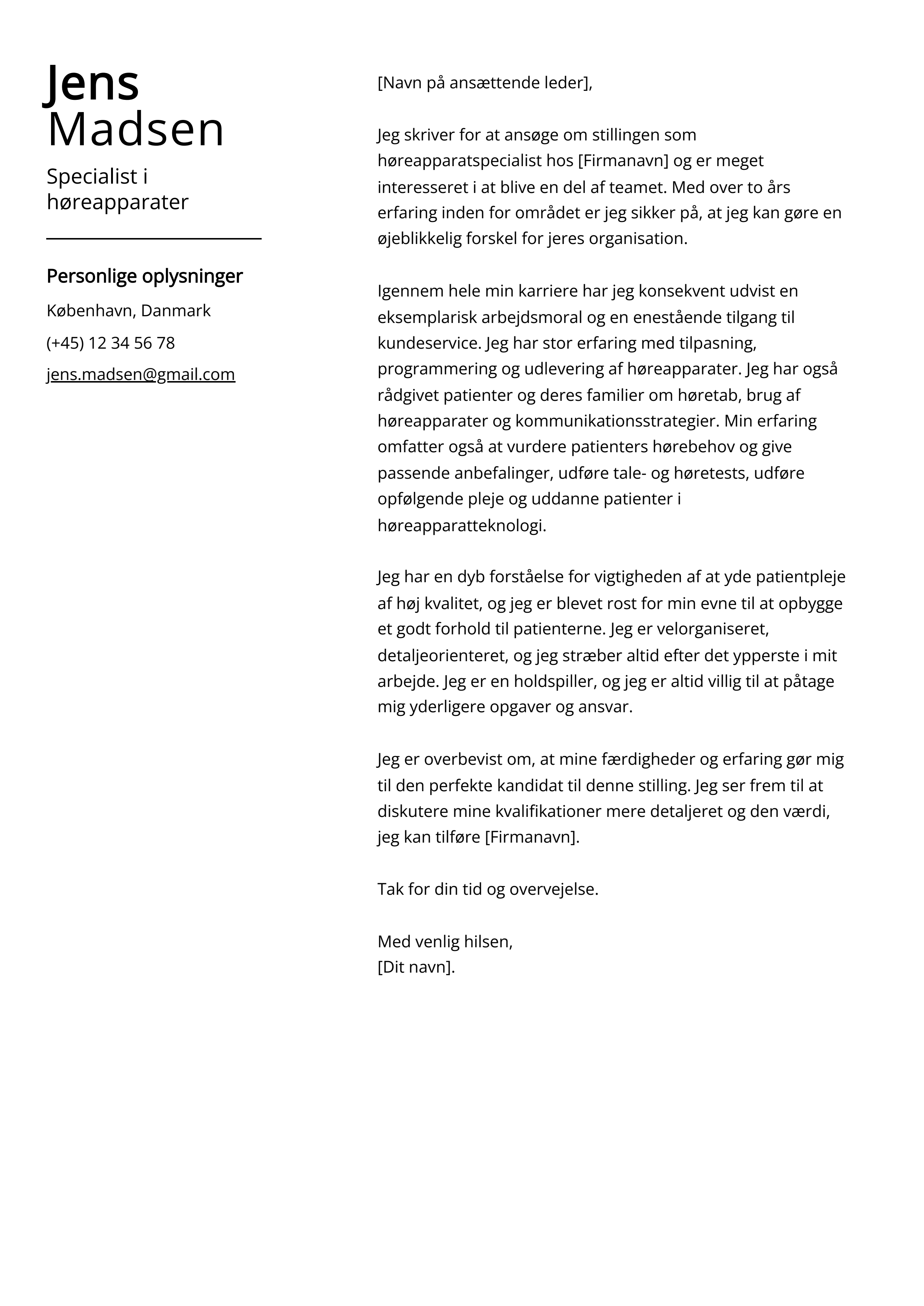 Specialist i høreapparater Cover Letter Example