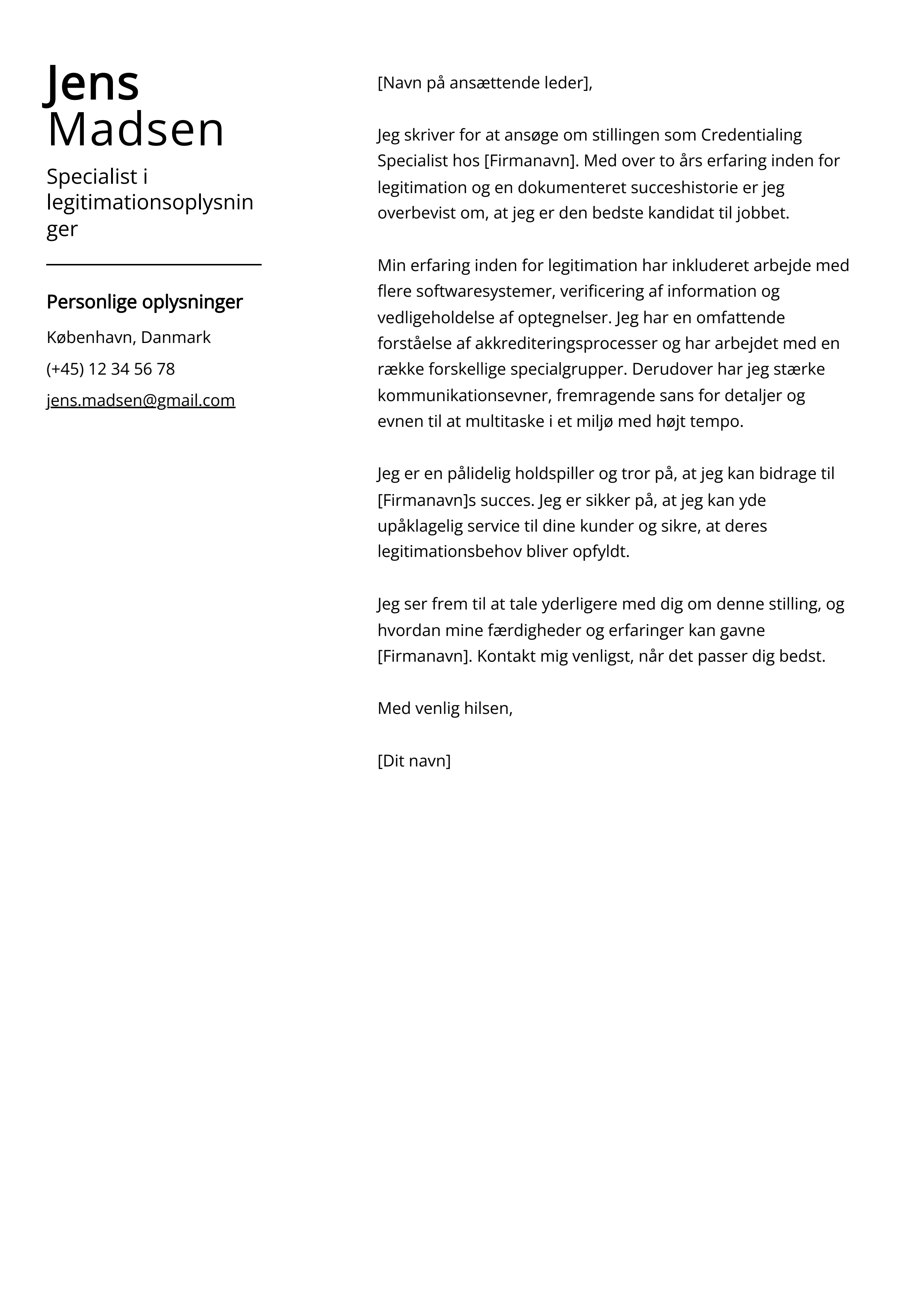 Specialist i legitimationsoplysninger Cover Letter Example