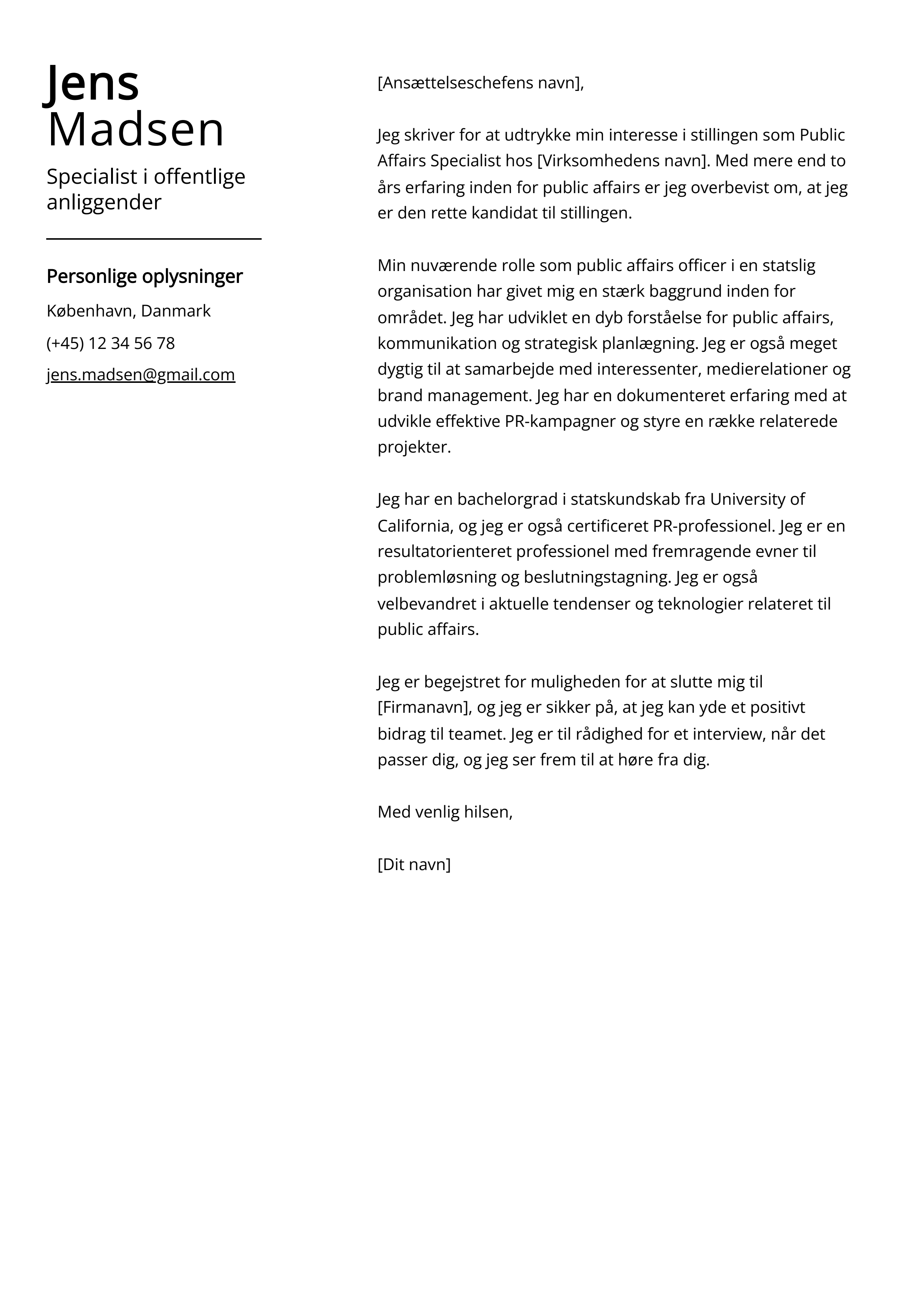 Specialist i offentlige anliggender Cover Letter Example