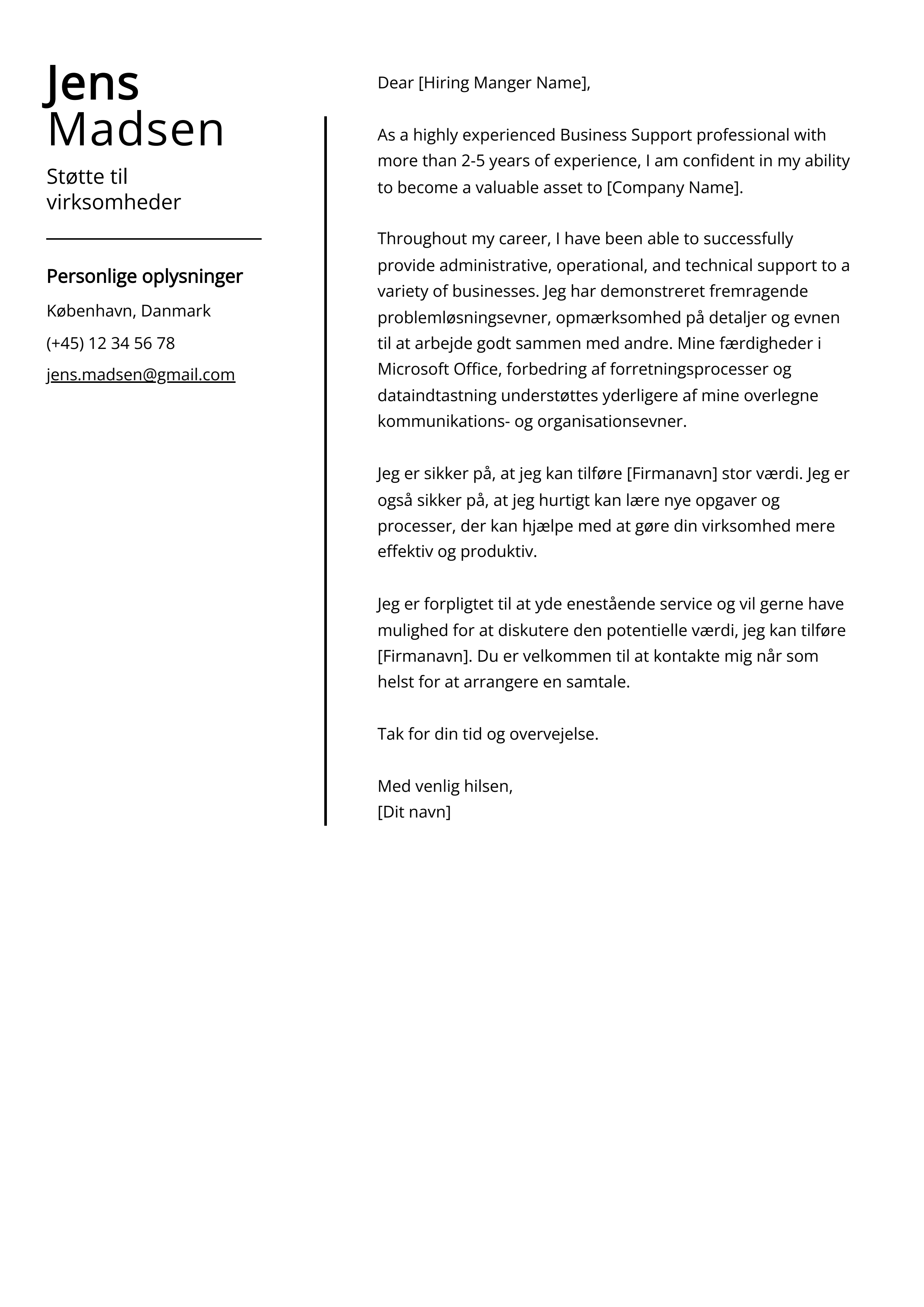 Støtte til virksomheder Cover Letter Example