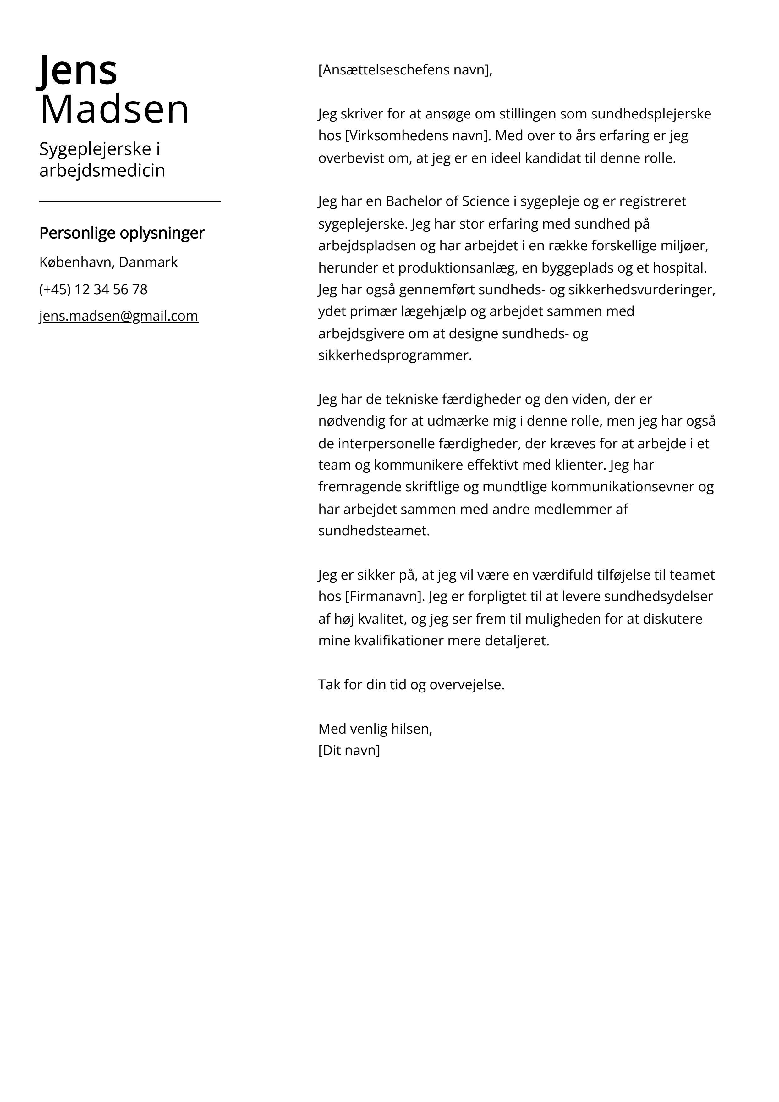 Sygeplejerske i arbejdsmedicin Cover Letter Example