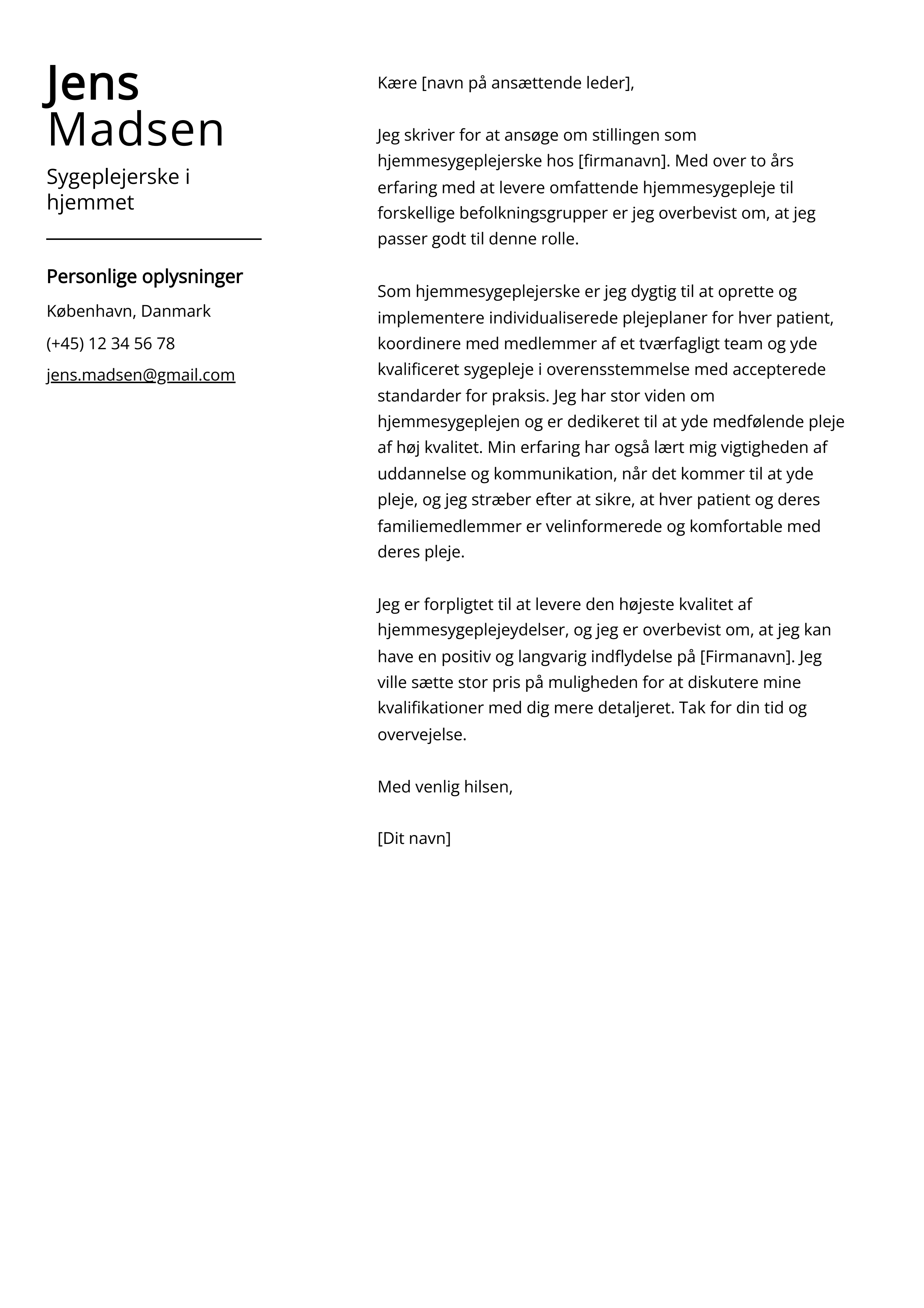 Sygeplejerske i hjemmet Cover Letter Example