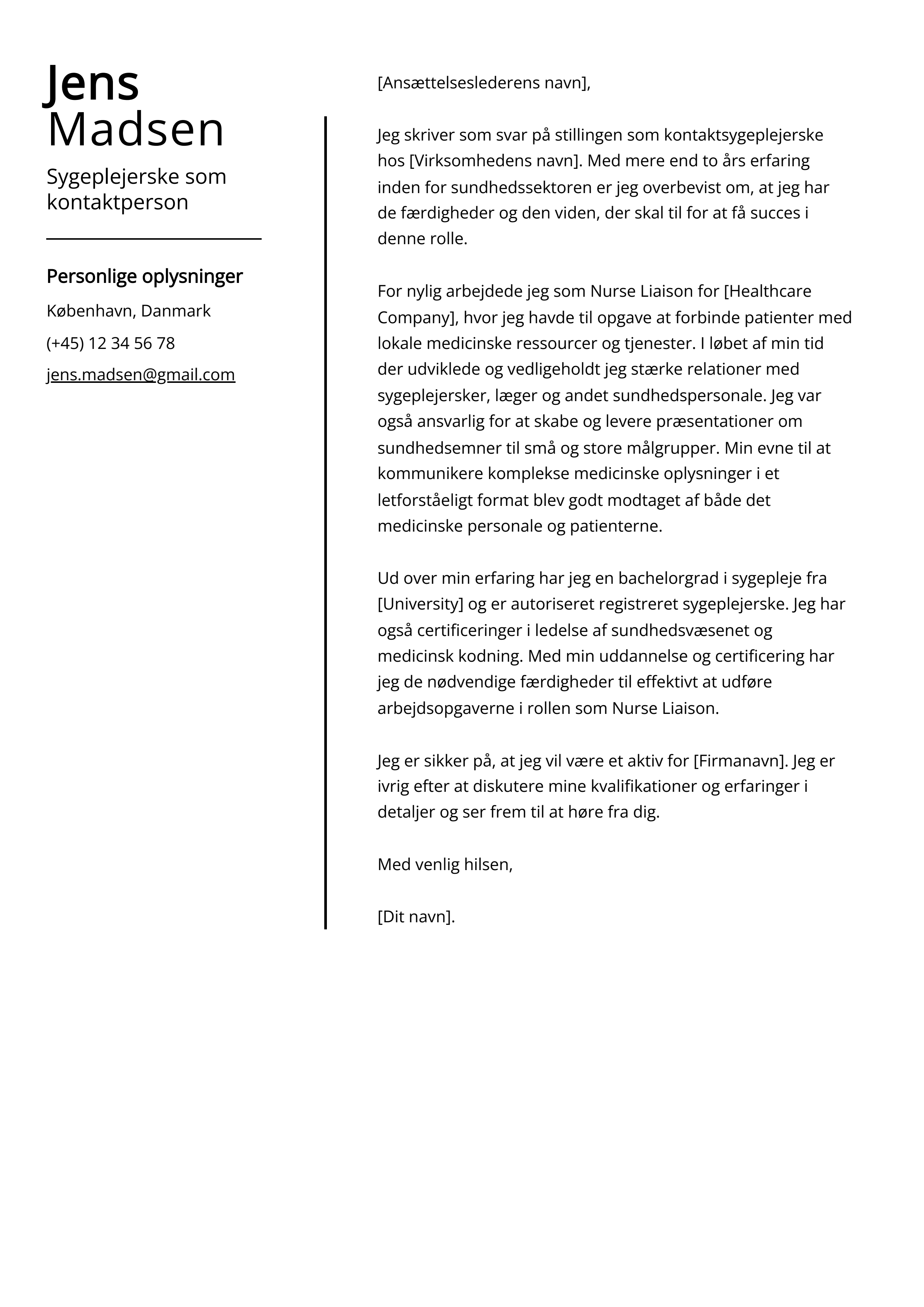 Sygeplejerske som kontaktperson Cover Letter Example