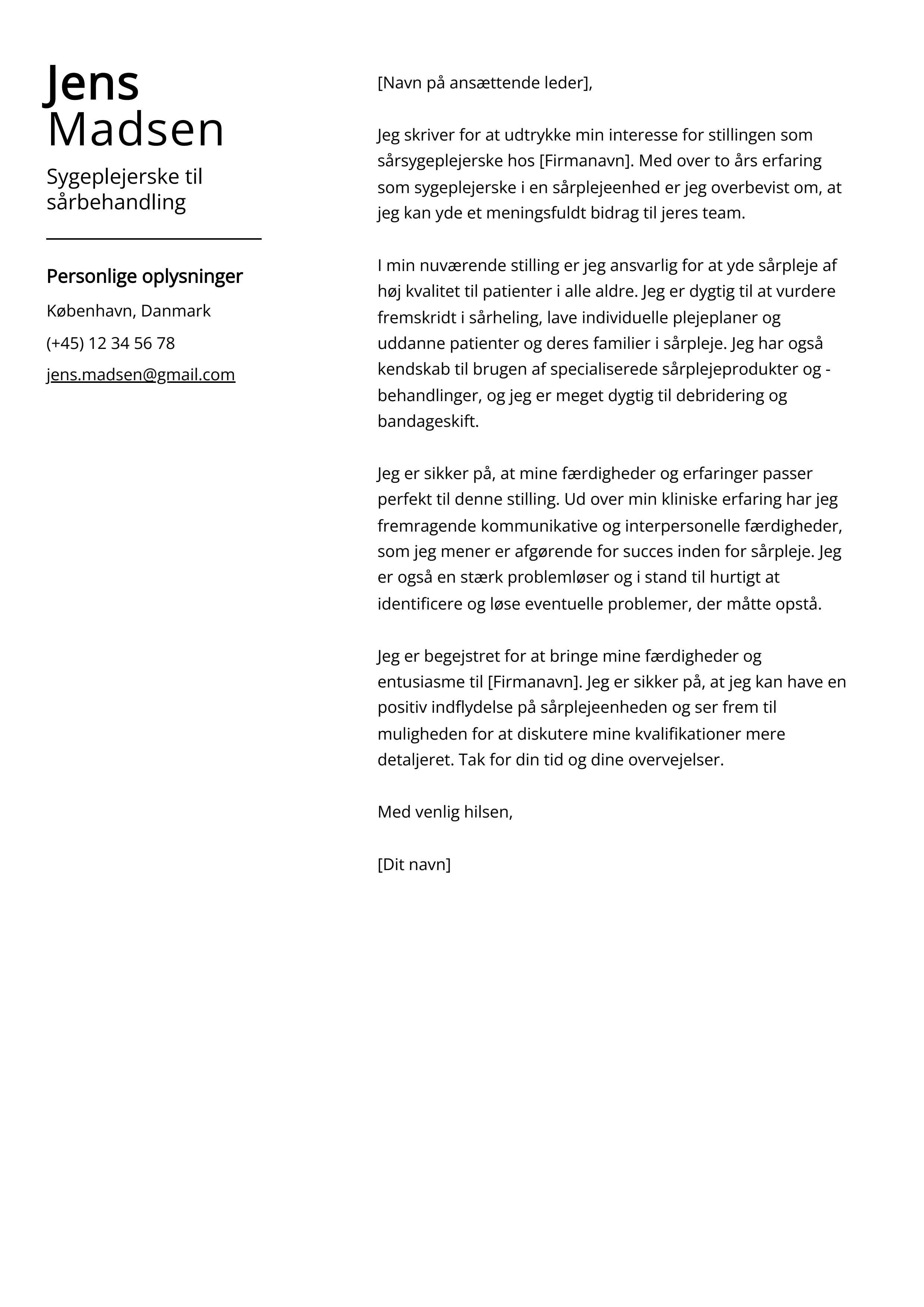 Sygeplejerske til sårbehandling Cover Letter Example