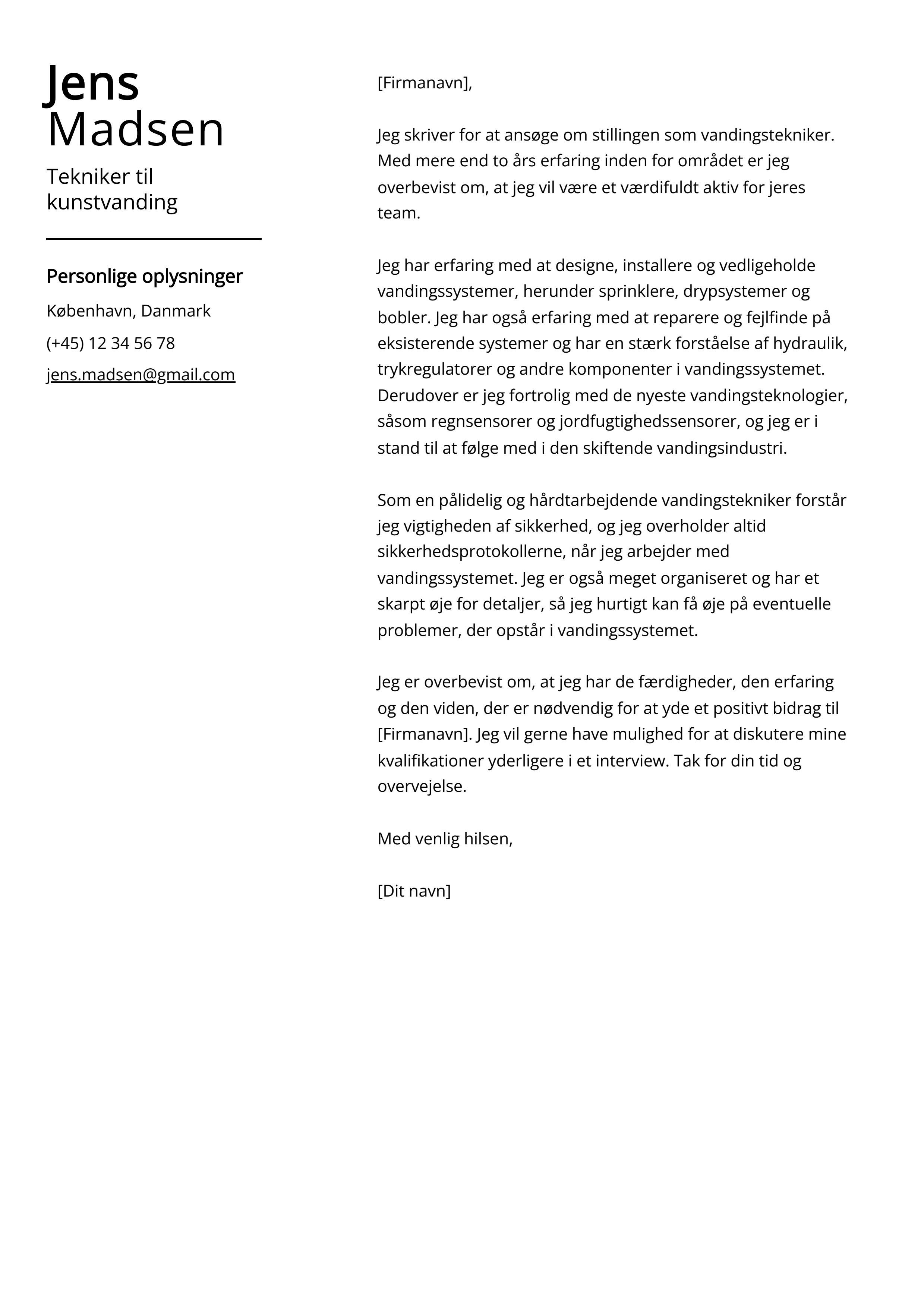 Tekniker til kunstvanding Cover Letter Example