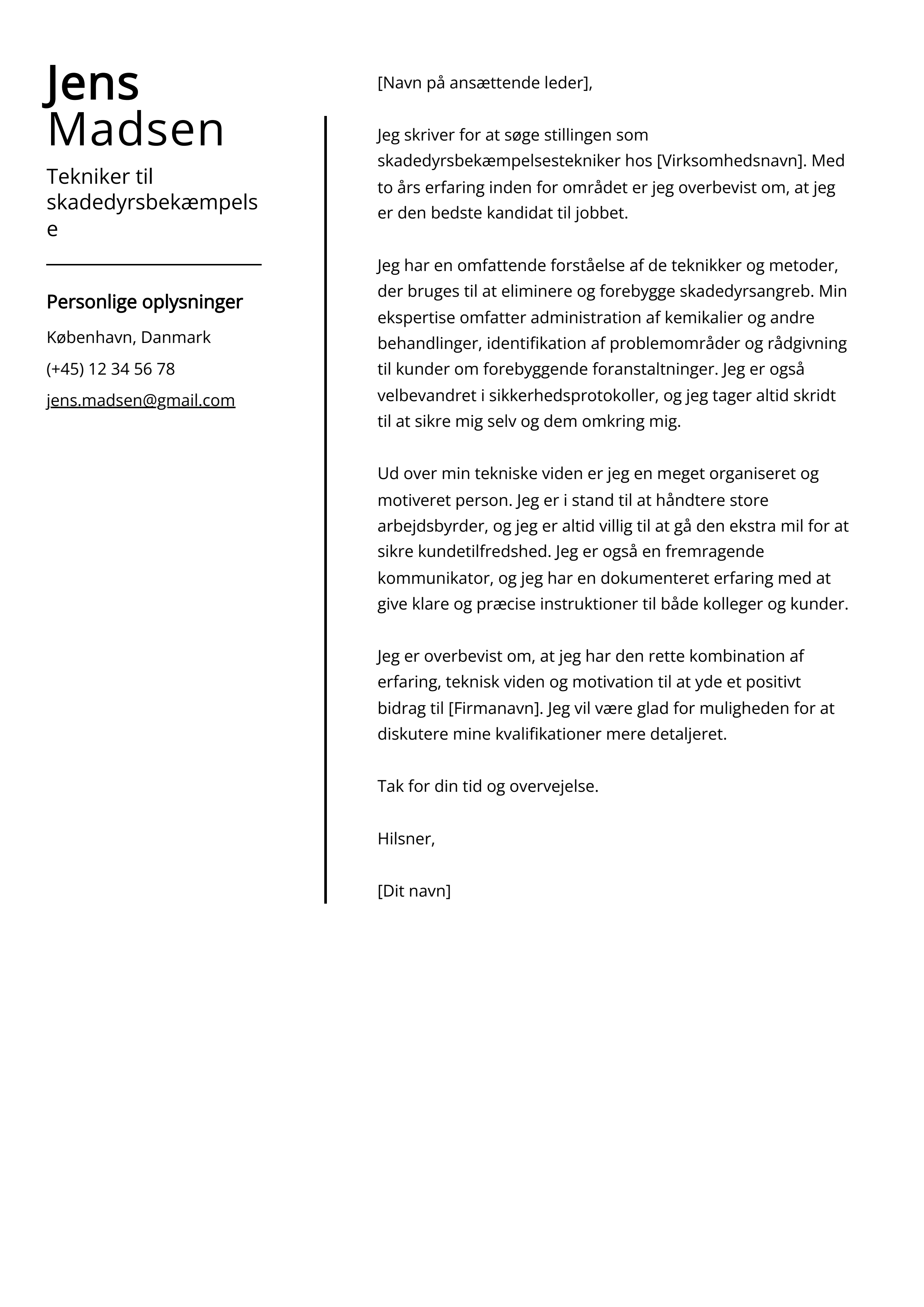 Tekniker til skadedyrsbekæmpelse Cover Letter Example