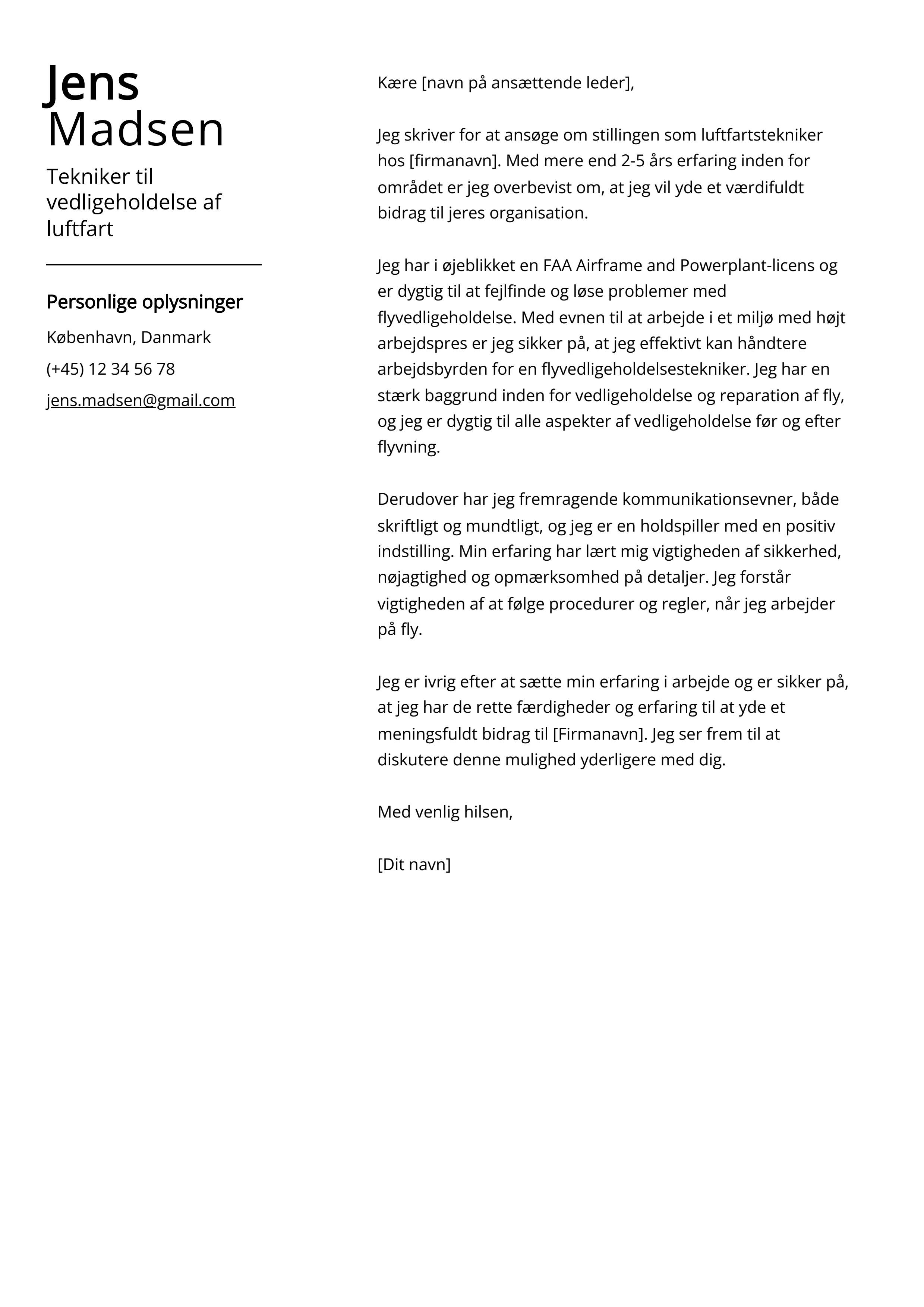 Tekniker til vedligeholdelse af luftfart Cover Letter Example